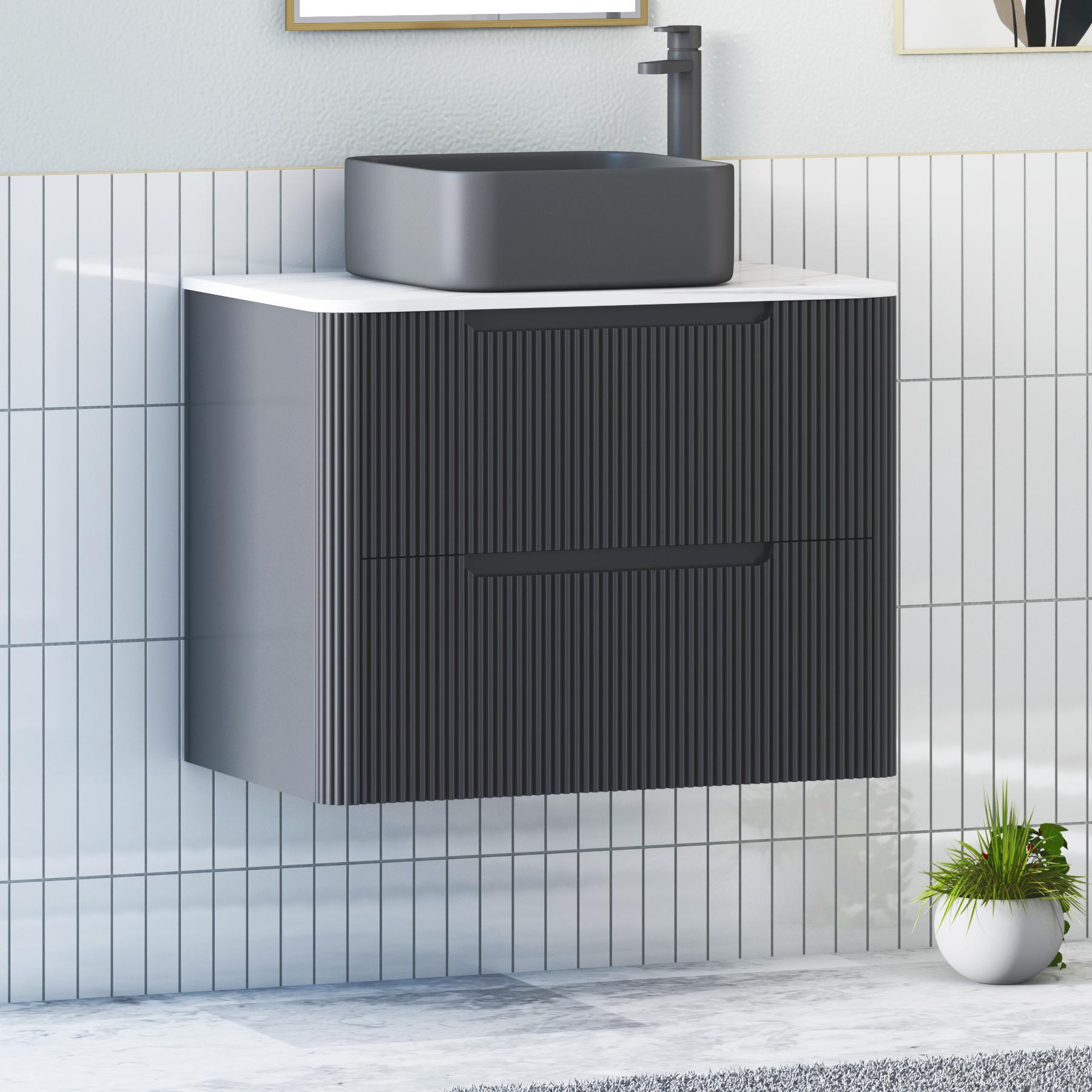 Avenza Matt Obsidian Black 2 Drawer Wall Hung Vanity Unit with Carrara White Undrilled Worktop & Various Countertop Basins