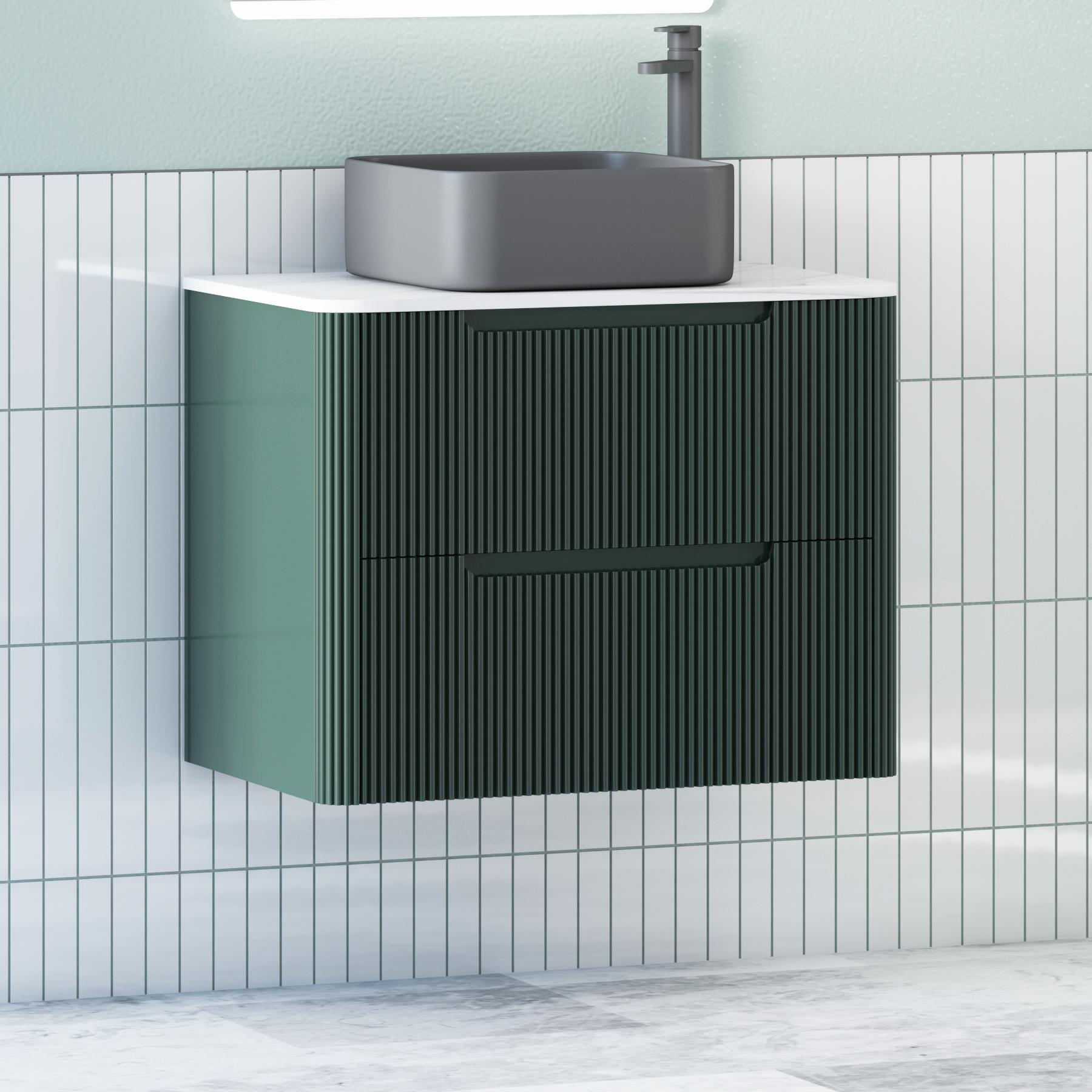 Avenza Deep Moss Green 2 Drawer Wall Hung Vanity Unit with Carrara White Undrilled Worktop & Various Countertop Basins