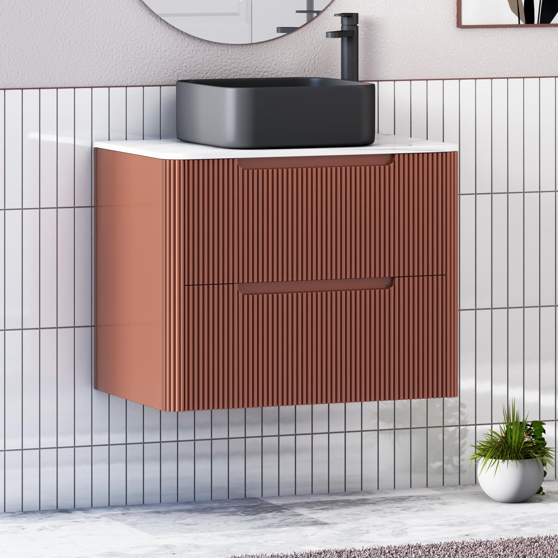 Avenza Terracotta Clay 2 Drawer Wall Hung Vanity Unit with Carrara White Undrilled Worktop & Various Countertop Basins