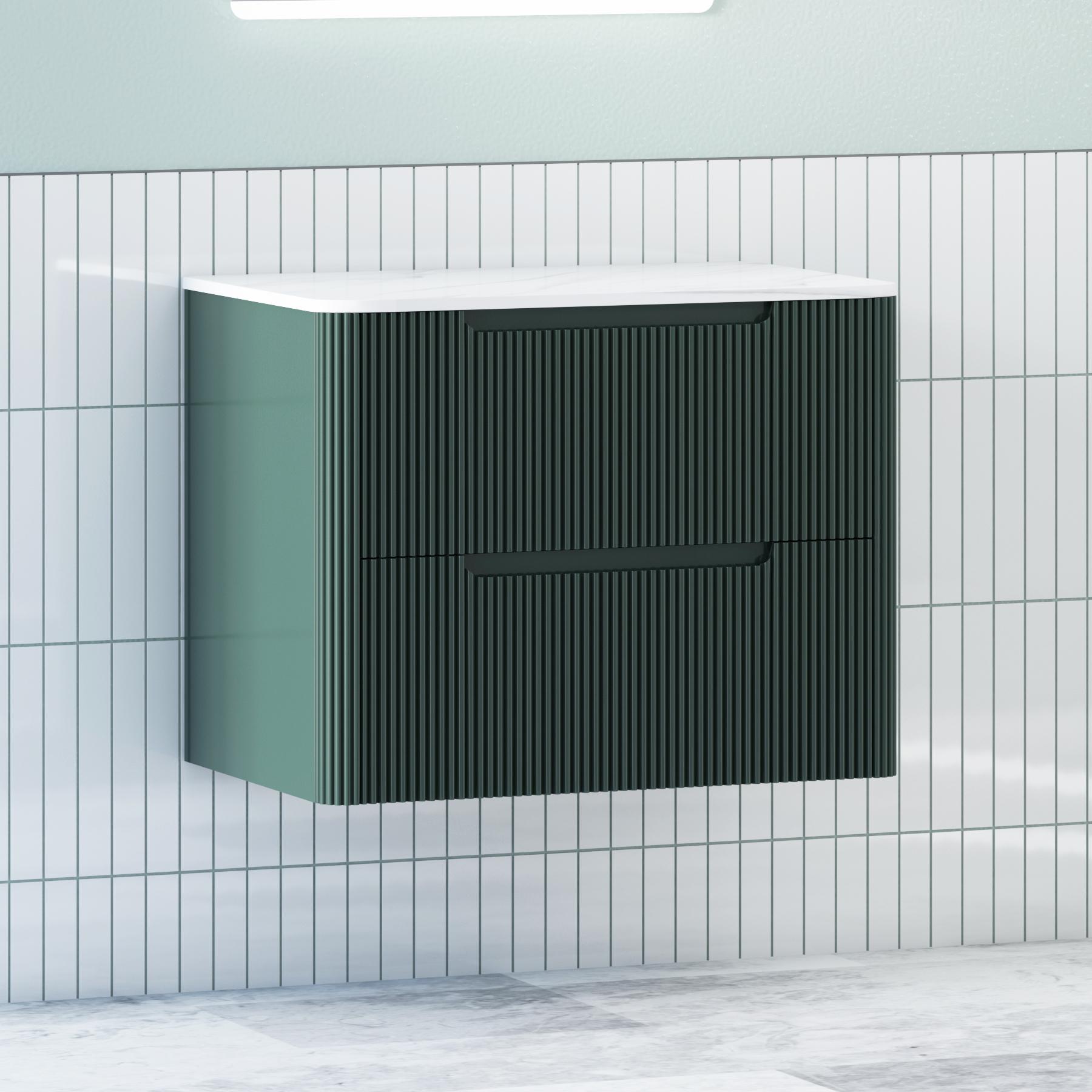 Avenza 700mm Deep Moss Green Wall Hung Vanity Unit 2 Drawer with Carrara White Undrilled Worktop