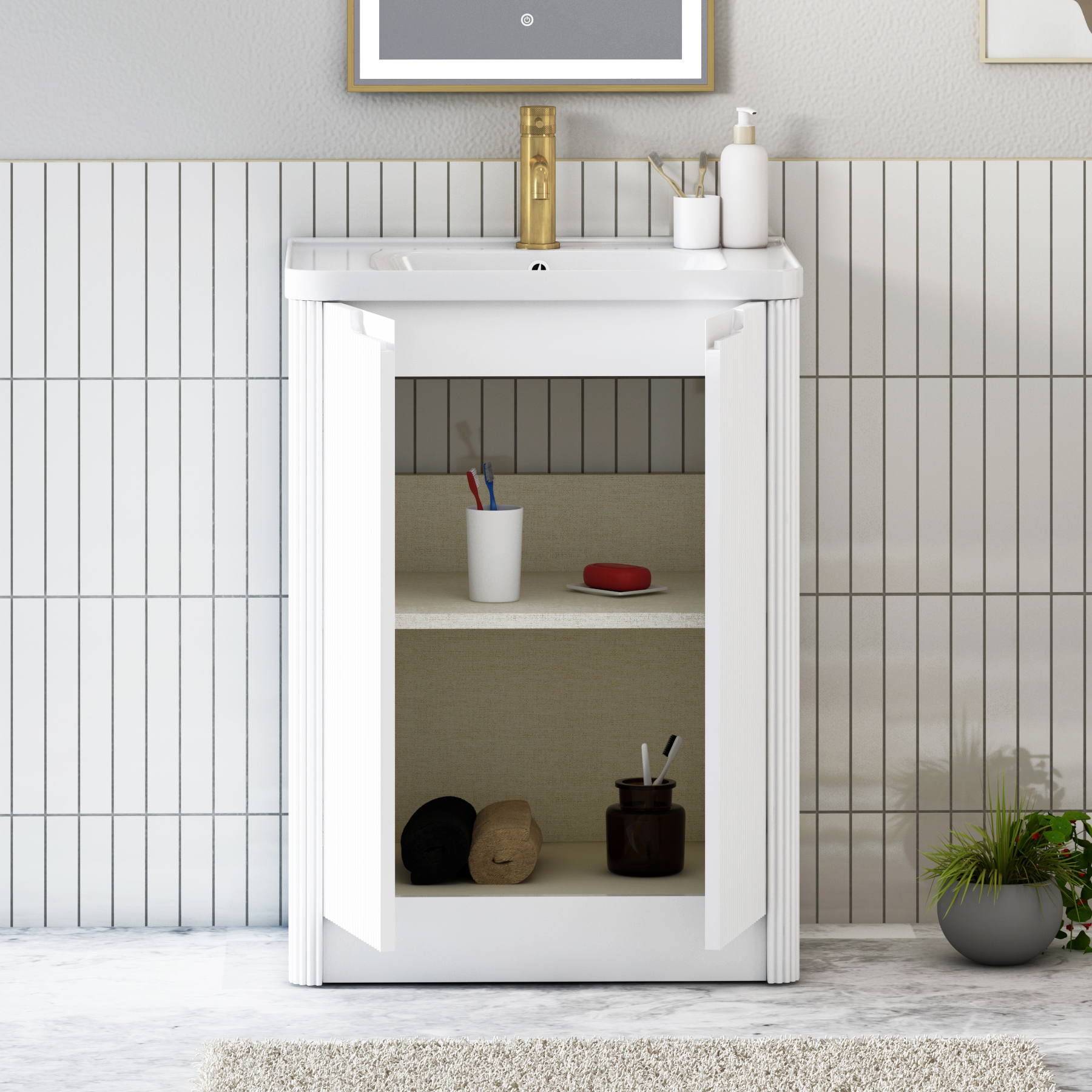 Avenza 600/700/800mm Matt White 2 Door Floor Standing Vanity Unit with Ceramic Basin