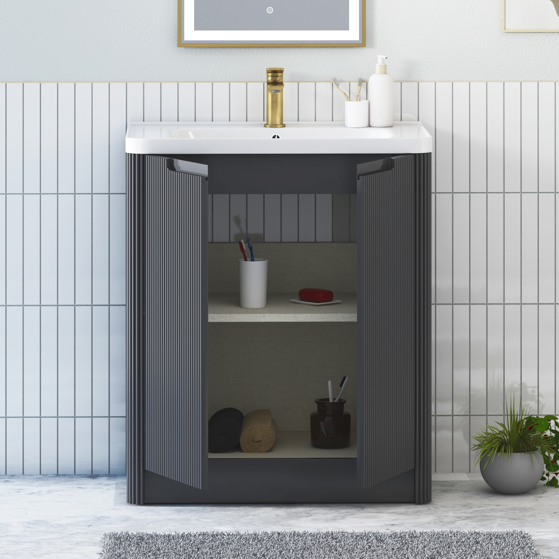 Avenza 600/700/800mm Matt Obsidian Black 2 Door Floor Standing Vanity Unit with Ceramic Basin