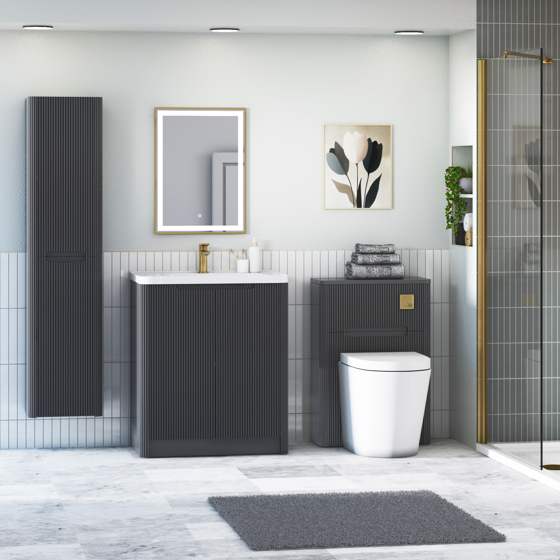 Avenza 600/700/800mm Matt Obsidian Black 2 Door Floor Standing Vanity Unit with Ceramic Basin