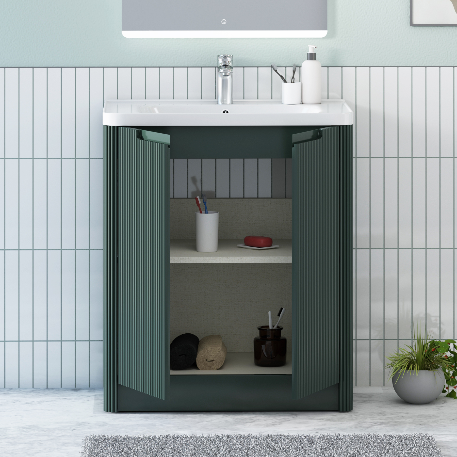 Avenza 600/700/800mm Deep Moss Green 2 Door Floor Standing Vanity Unit with Ceramic Basin