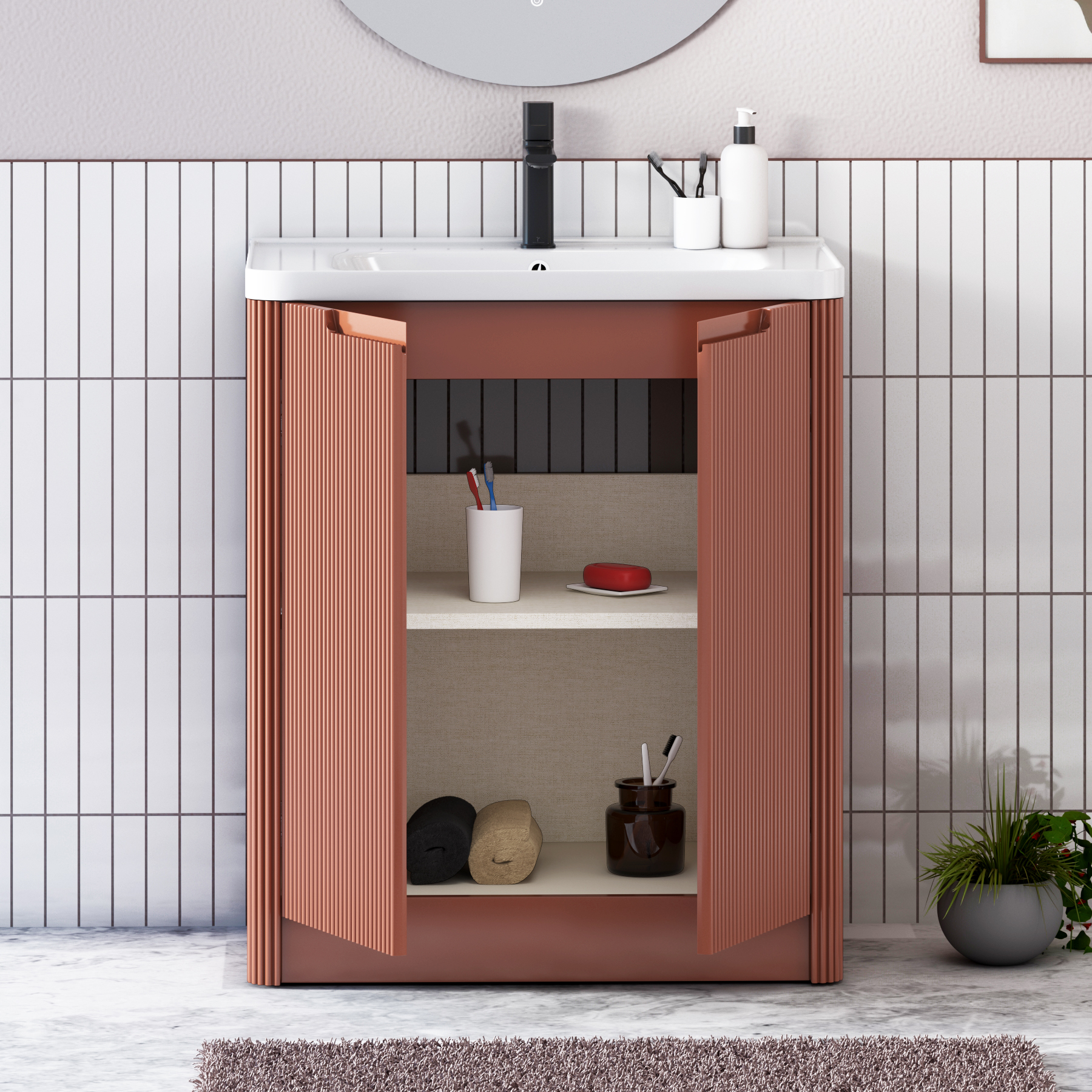 Avenza 600/700/800mm Terracotta Clay 2 Door Floor Standing Vanity Unit with Ceramic Basin