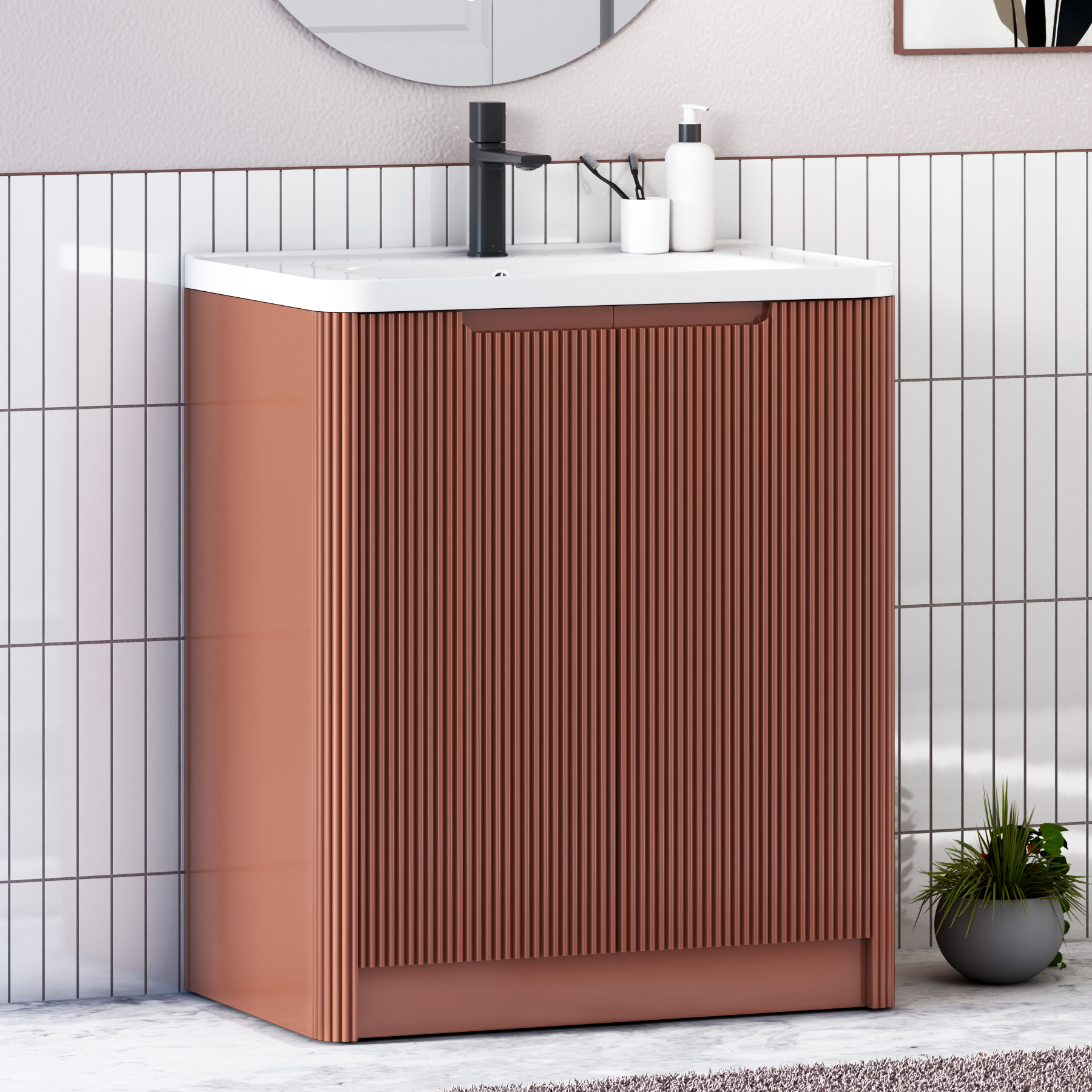 Avenza 600/700/800mm Terracotta Clay 2 Door Floor Standing Vanity Unit with Ceramic Basin