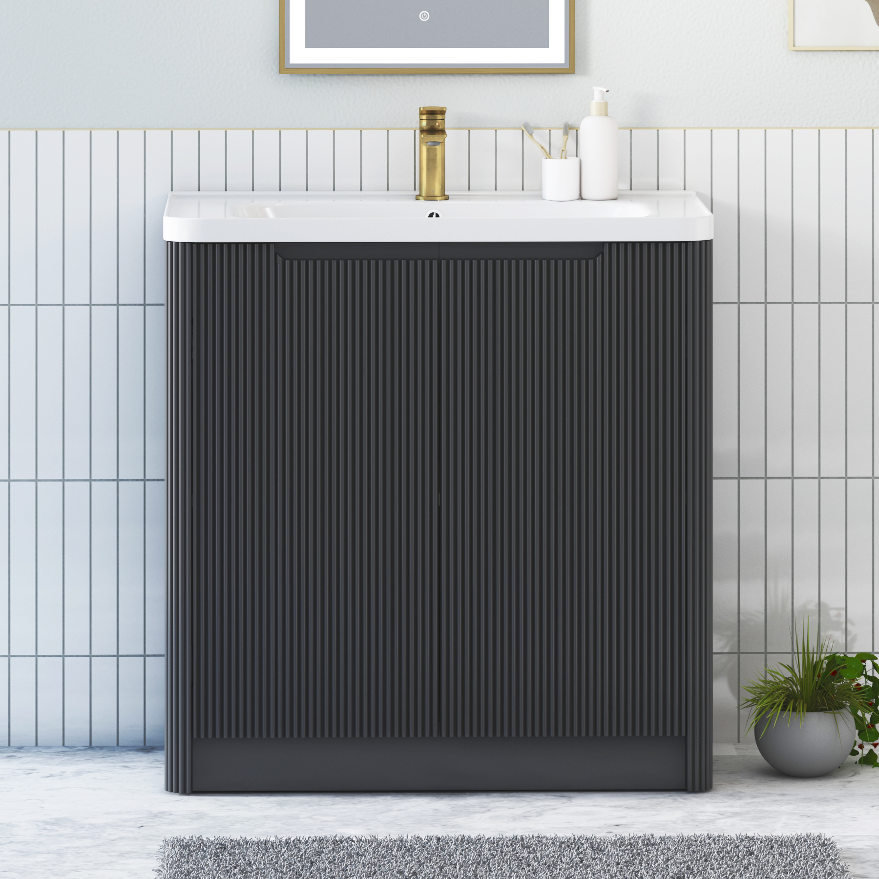 Avenza 800mm Matt Obsidian Black Floor Standing Vanity Unit 2 Door with Ceramic Basin