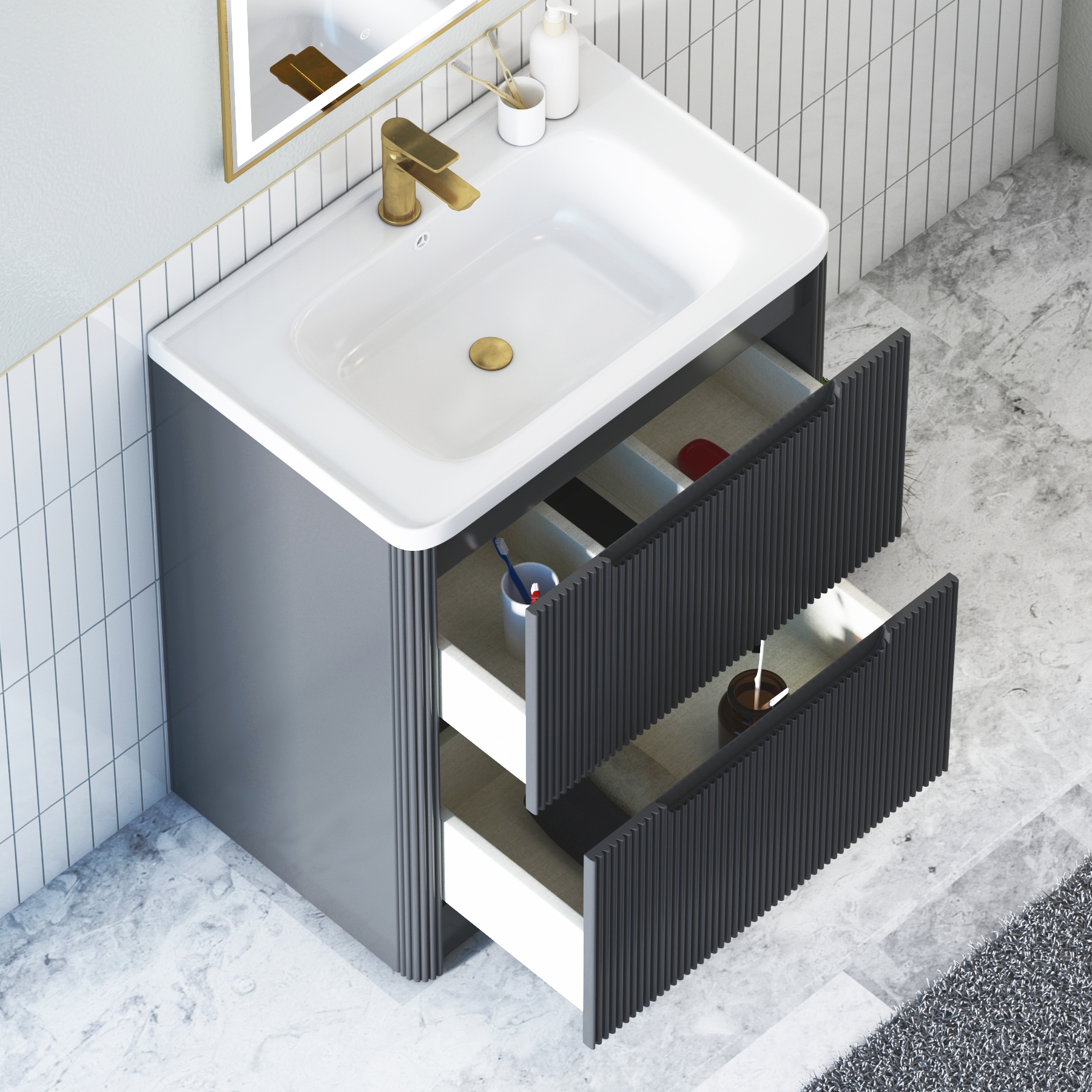 Avenza 600/700/800mm Matt Obsidian Black 2 Drawer Floor Standing Vanity Unit with Ceramic Basin