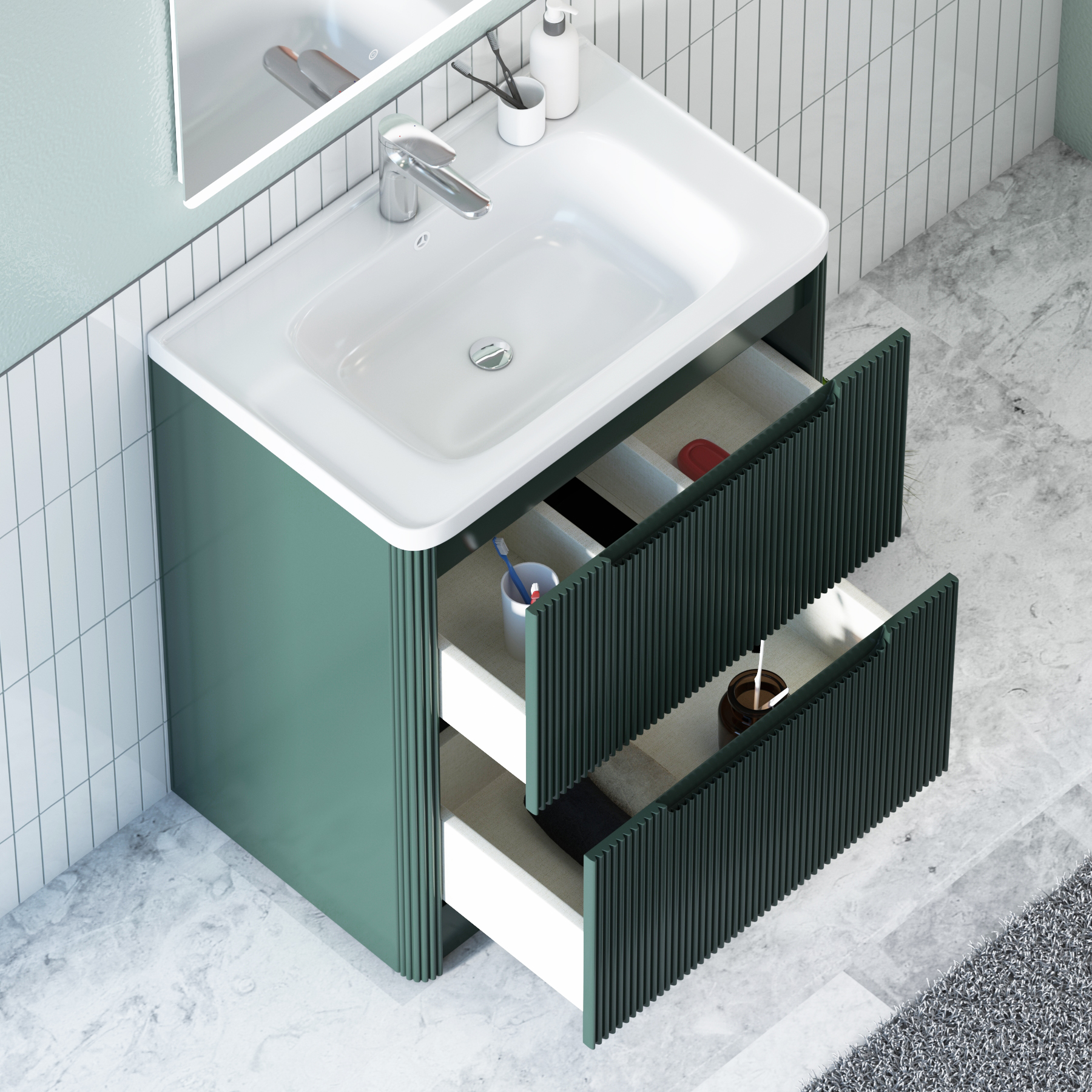 Avenza 600/700/800mm Deep Moss Green 2 Drawer Floor Standing Vanity Unit with Ceramic Basin