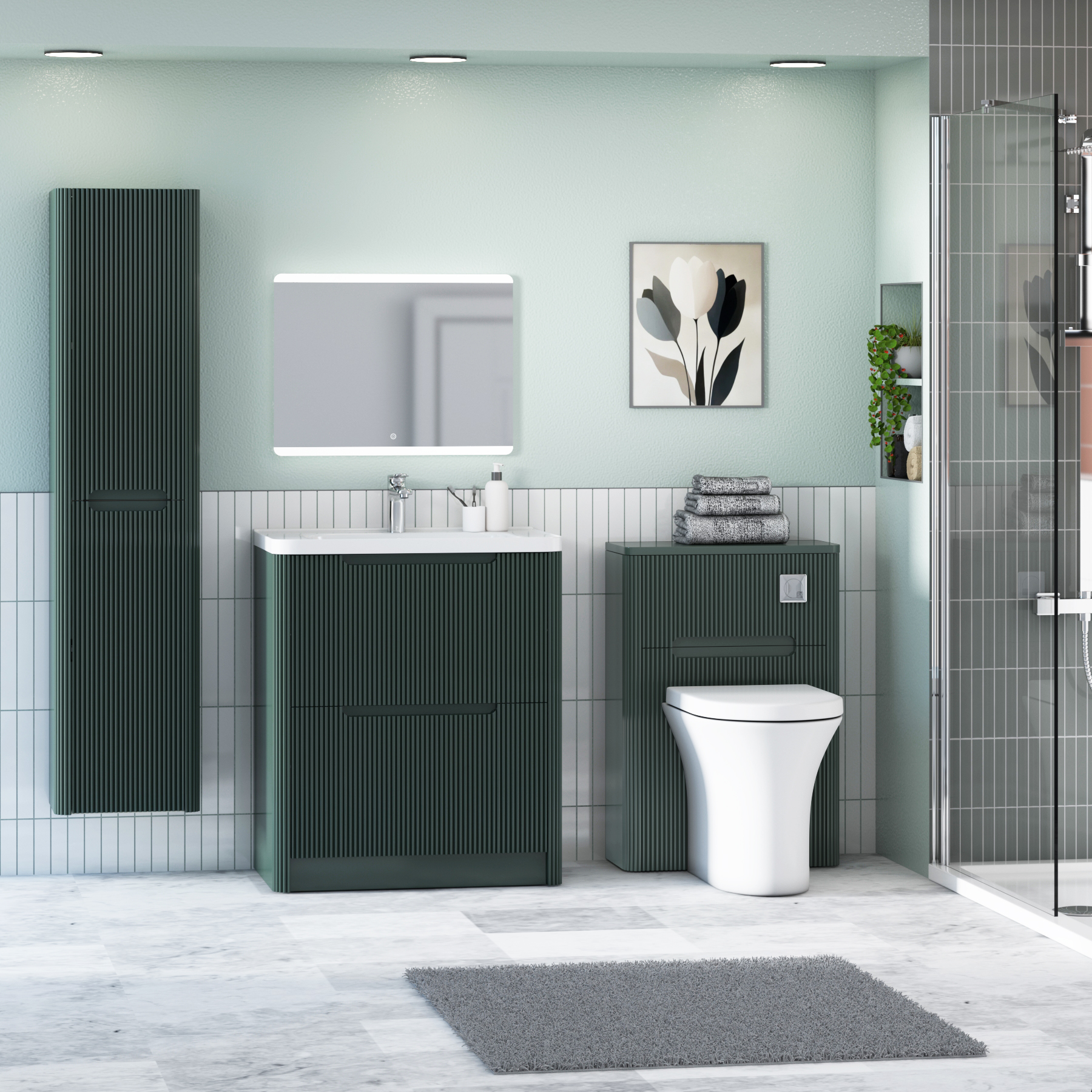 Avenza 600/700/800mm Deep Moss Green 2 Drawer Floor Standing Vanity Unit with Ceramic Basin