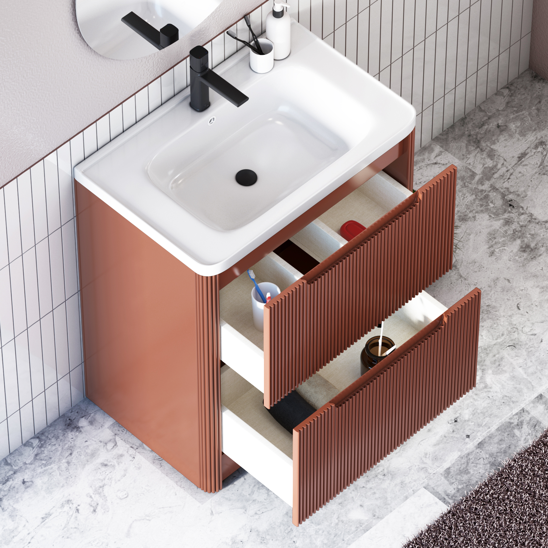 Avenza 600/700/800mm Terracotta Clay 2 Drawer Floor Standing Vanity Unit with Ceramic Basin