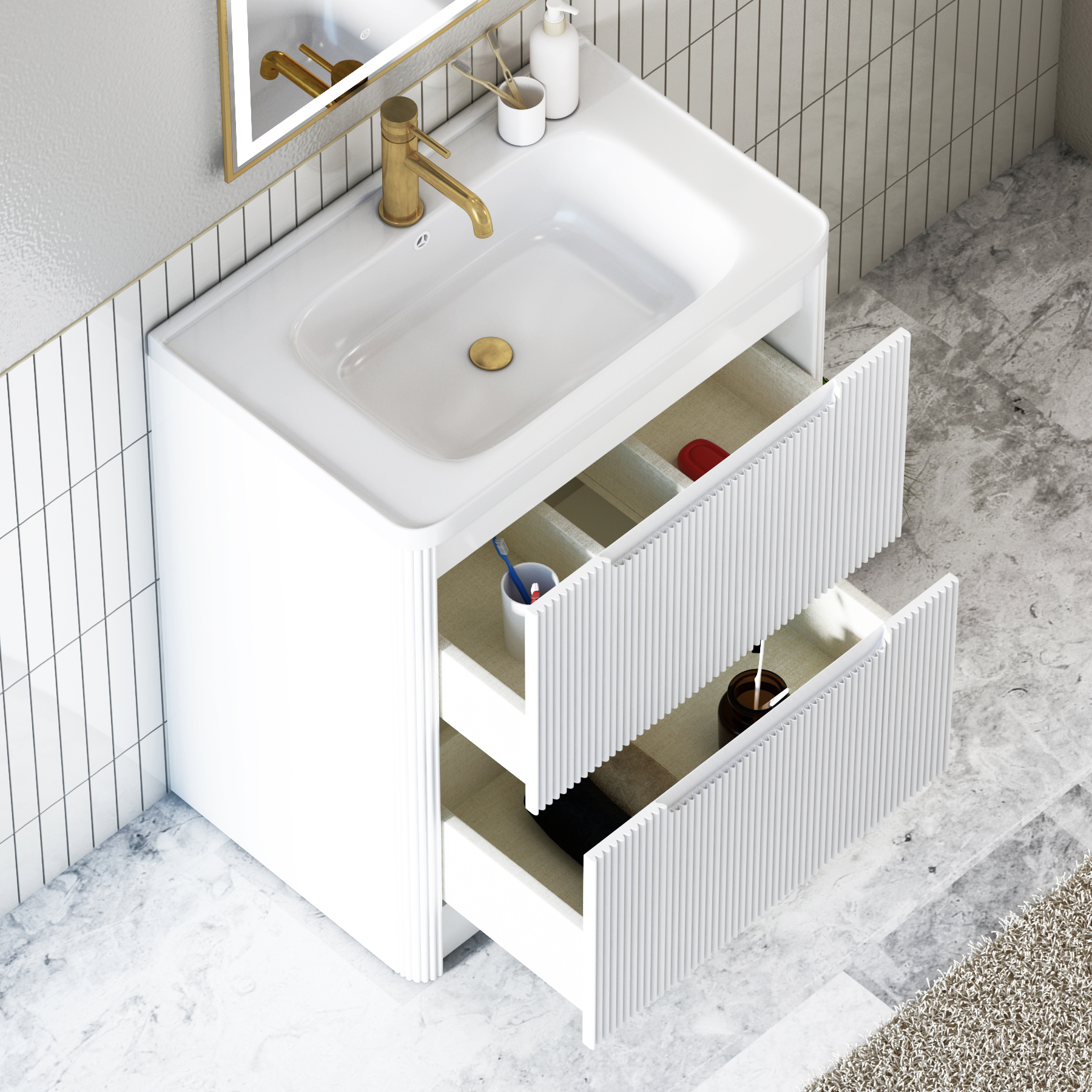 Avenza 600/700/800mm Matt White 2 Drawer Floor Standing Vanity Unit with Ceramic Basin