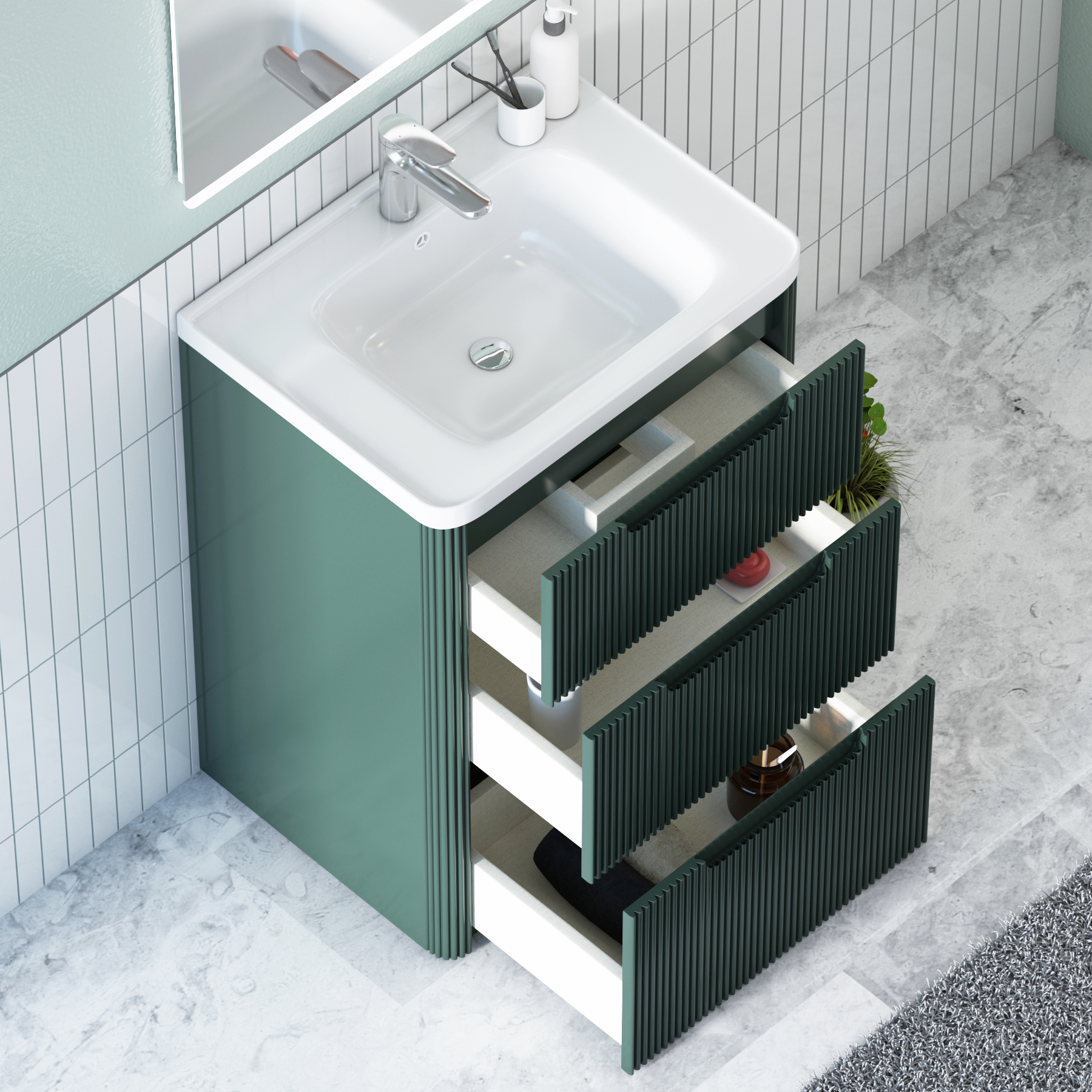 Avenza 600mm Deep Moss Green Floor Standing Vanity Unit 3 Drawer with Ceramic Basin