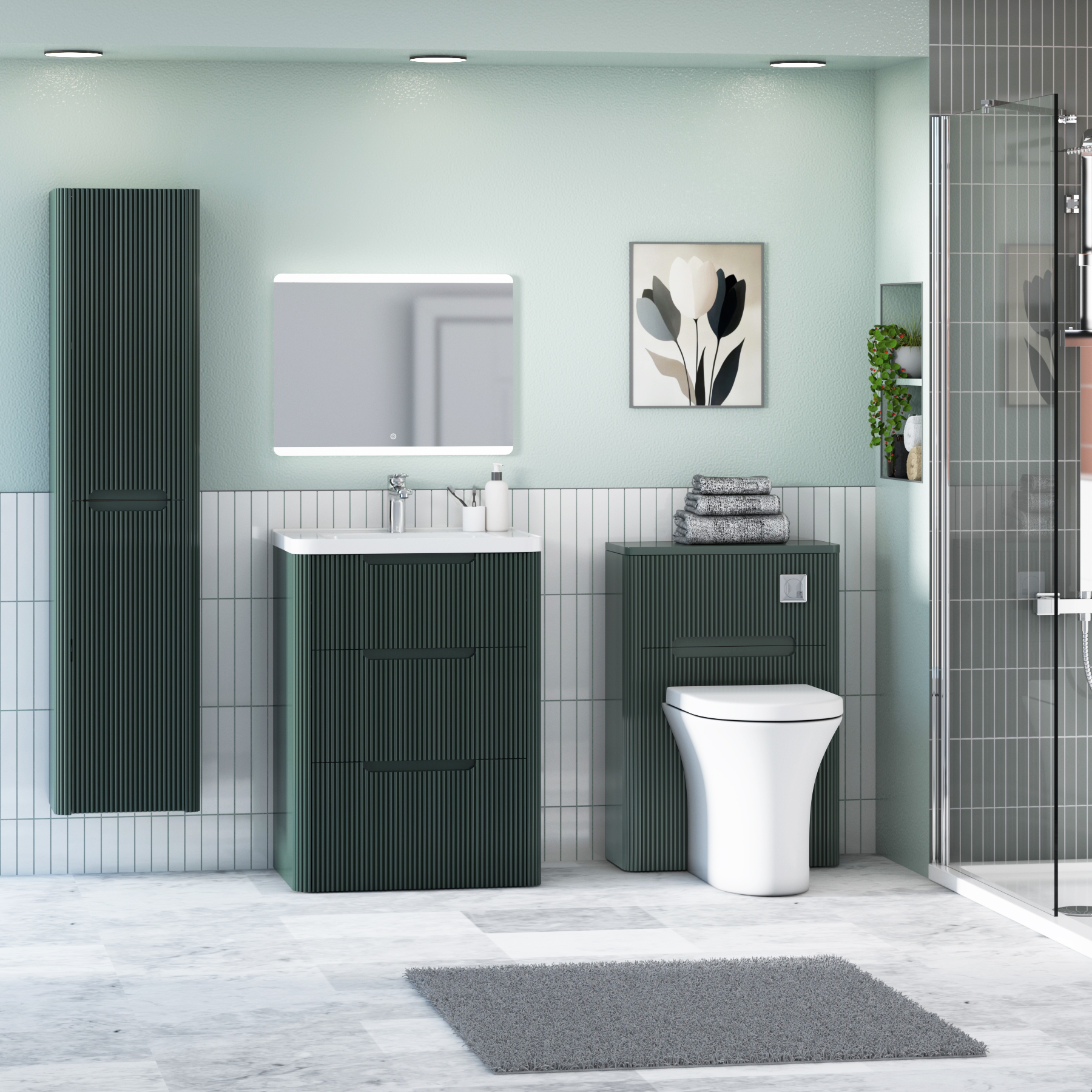 Avenza 600mm Deep Moss Green Floor Standing Vanity Unit 3 Drawer with Ceramic Basin