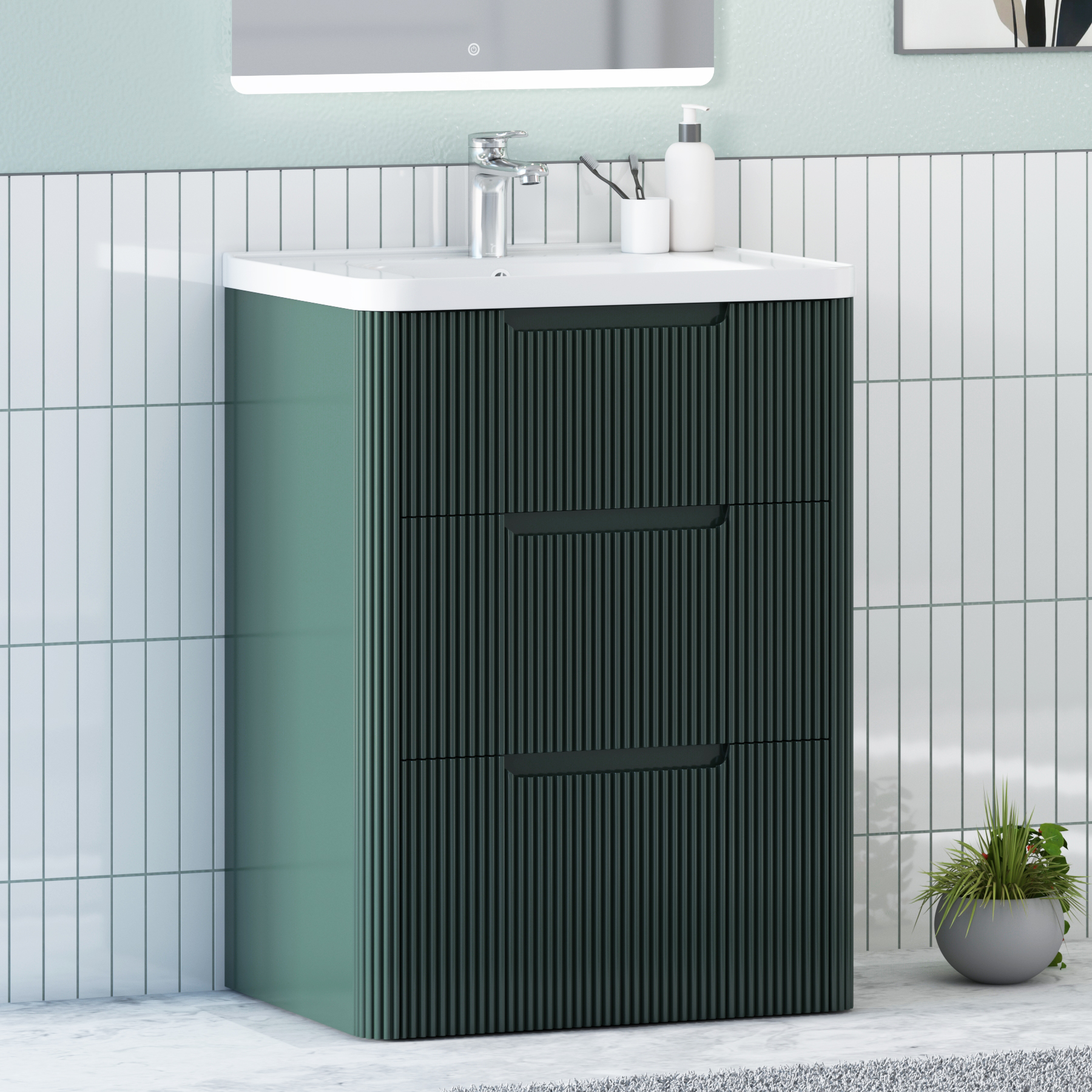 Avenza 600mm Deep Moss Green Floor Standing Vanity Unit 3 Drawer with Ceramic Basin