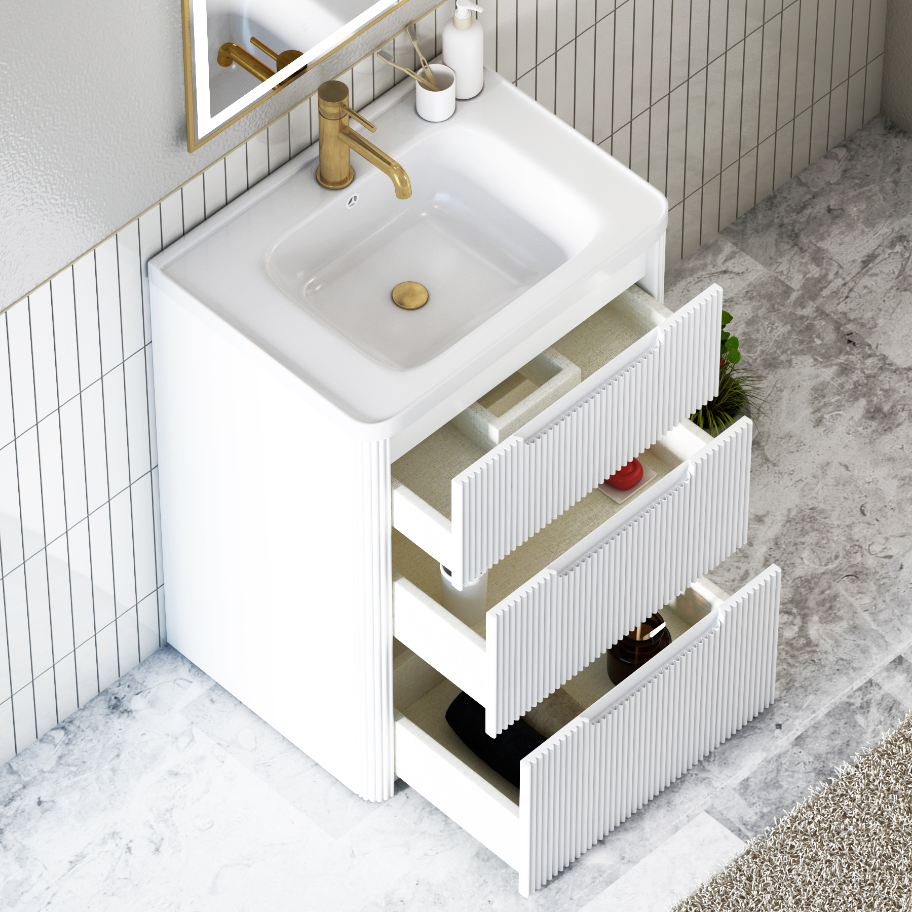 Avenza 600mm Matt White Floor Standing Vanity Unit 3 Drawer with Ceramic Basin