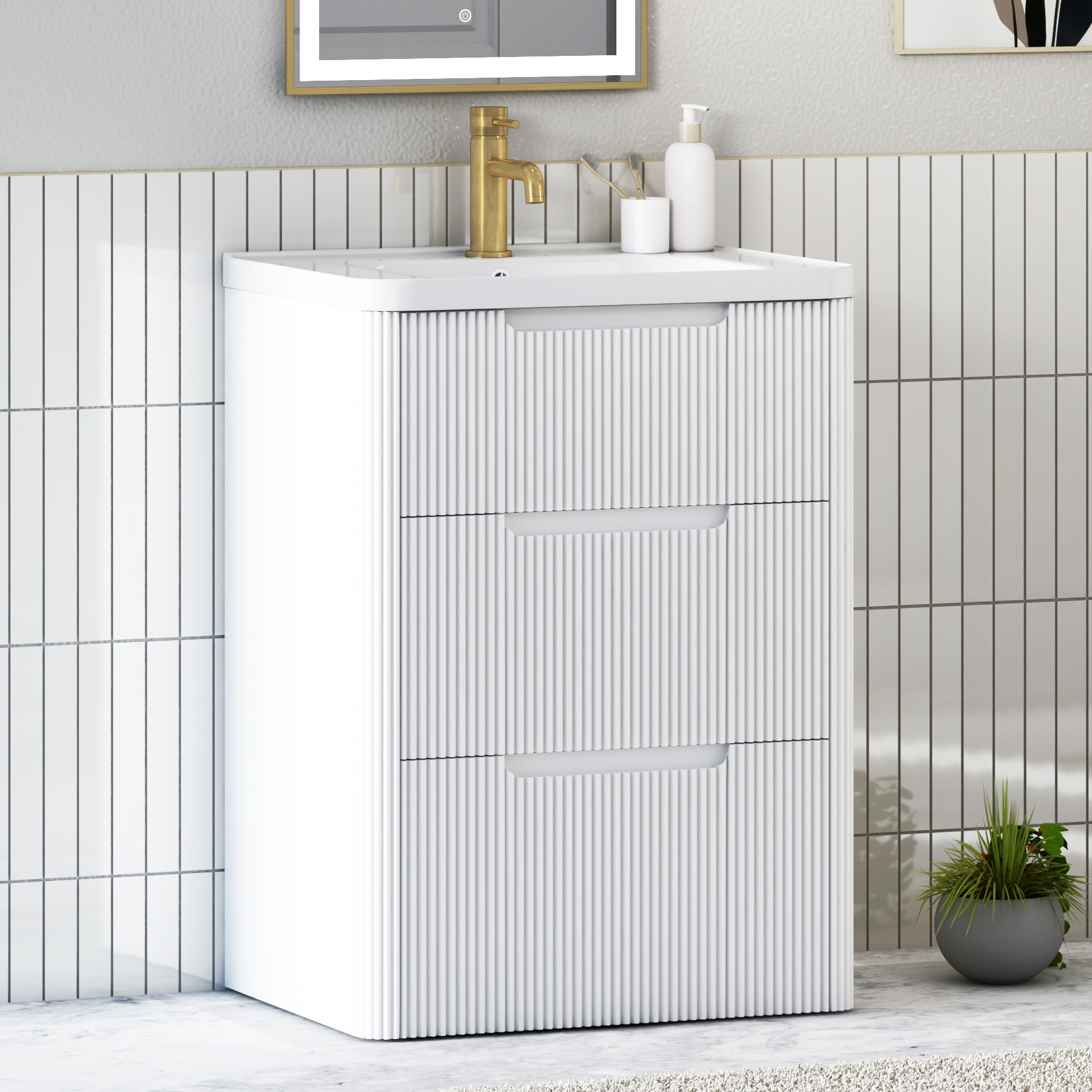 Avenza 600mm Matt White Floor Standing Vanity Unit 3 Drawer with Ceramic Basin