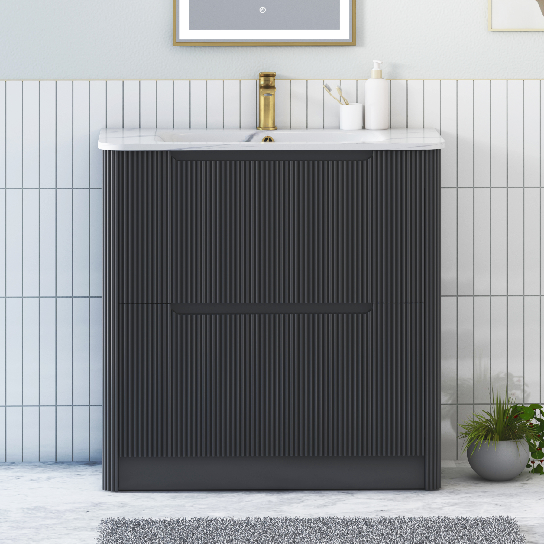 Avenza 600/700/800mm Matt Obsidian Black Floor Standing Vanity Unit 2 Drawer with Optional Basin