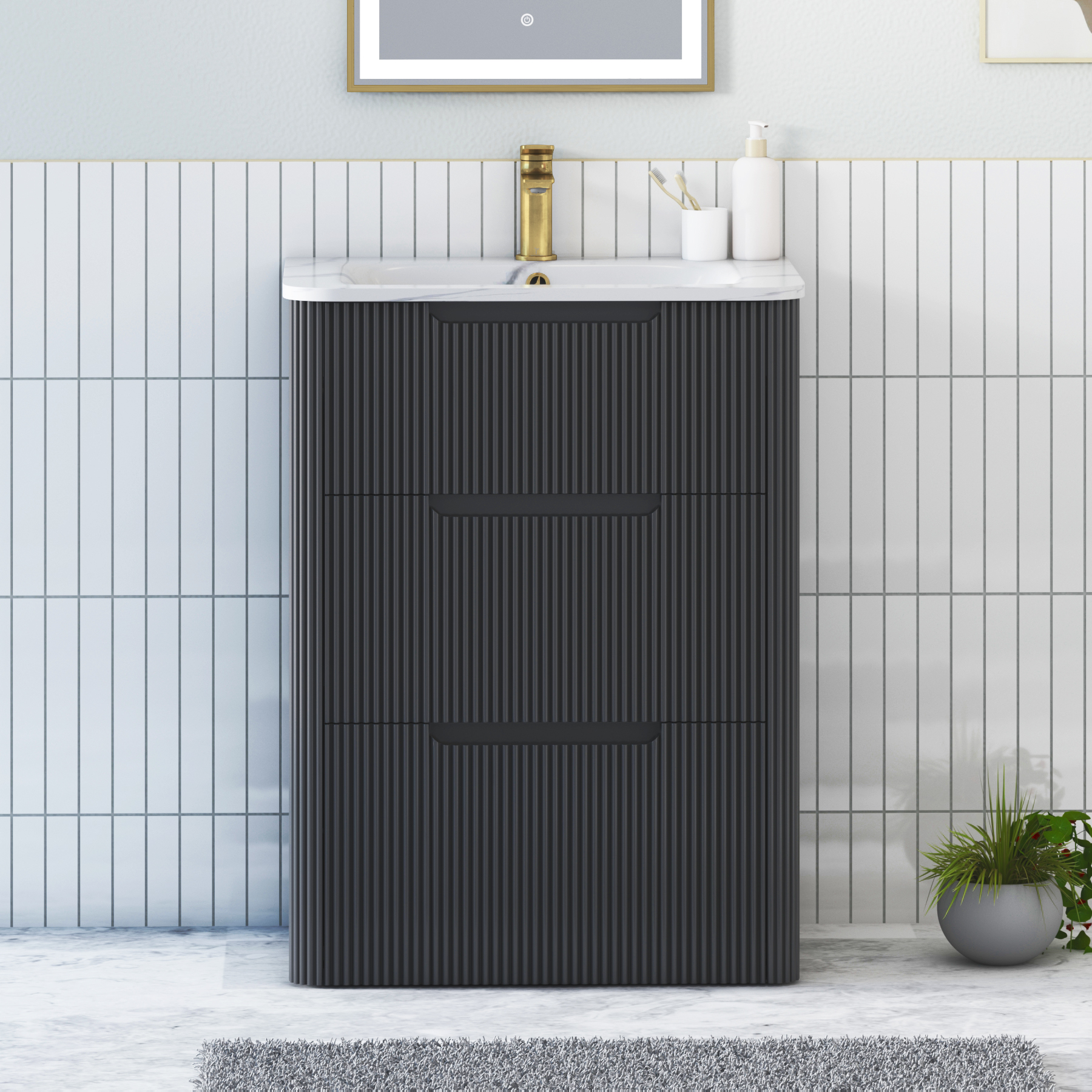 Avenza 600mm Matt Obsidian Black Floor Standing Vanity Unit 3 Drawer with Optional Basin