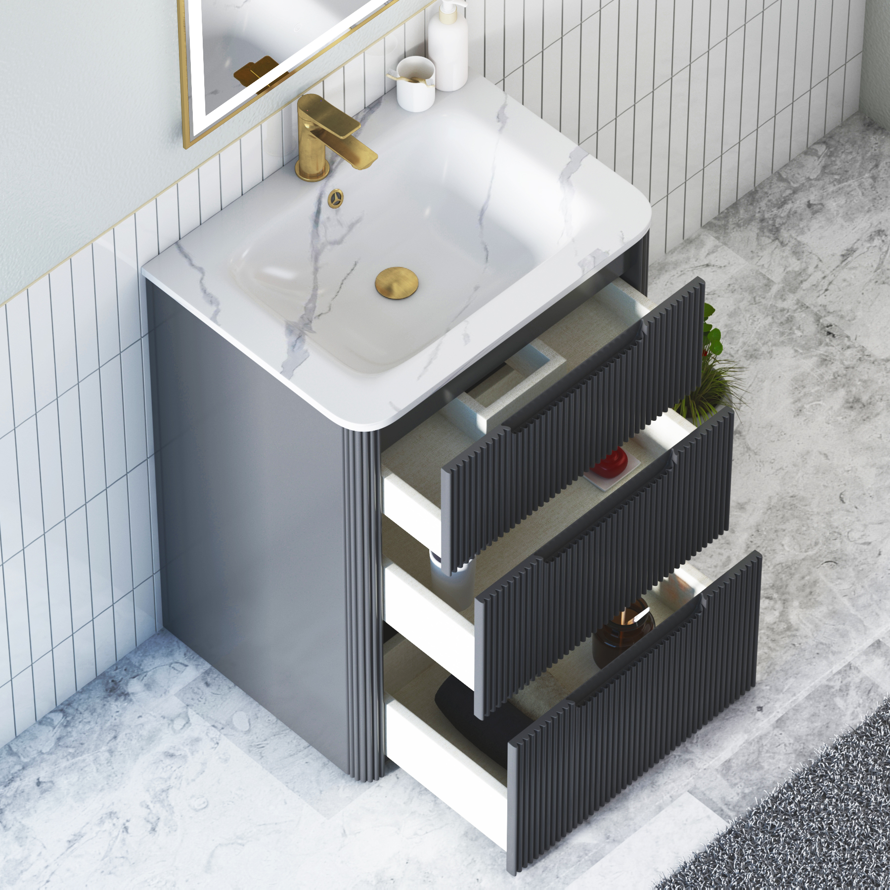 Avenza 600mm Matt Obsidian Black Floor Standing Vanity Unit 3 Drawer with Optional Basin