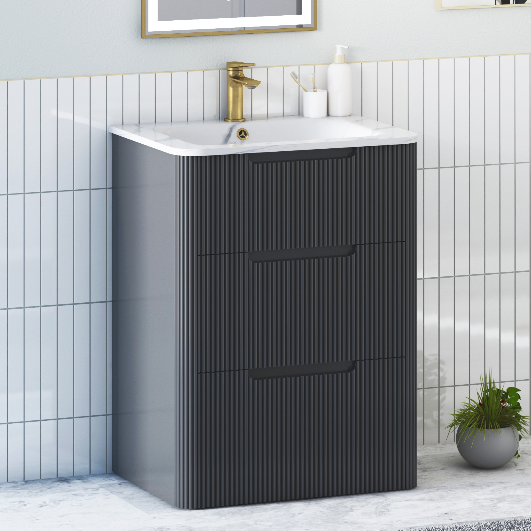 Avenza 600mm Matt Obsidian Black Floor Standing Vanity Unit 3 Drawer with Optional Basin