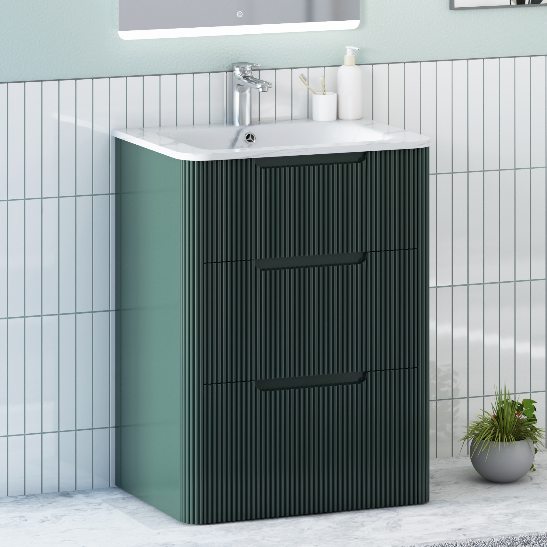 Avenza 600mm Deep Moss Green Floor Standing Vanity Unit 3 Drawer with Optional Basin