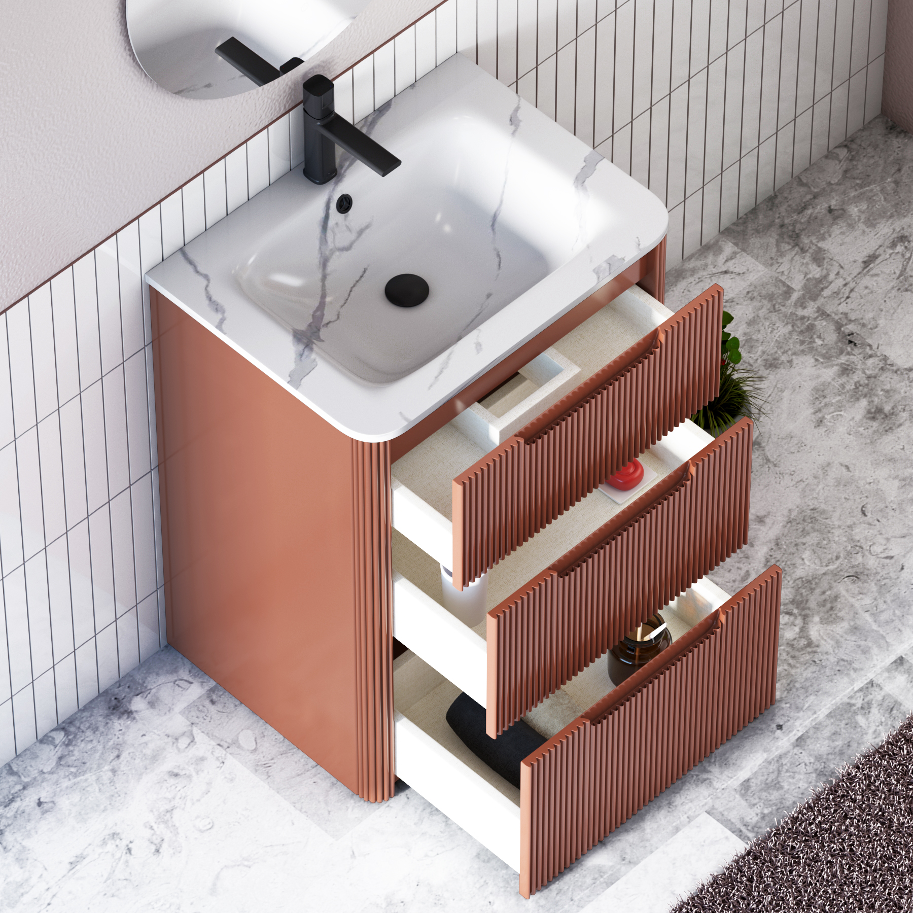Avenza 600mm Terracotta Clay Floor Standing Vanity Unit 3 Drawer with Optional Basin