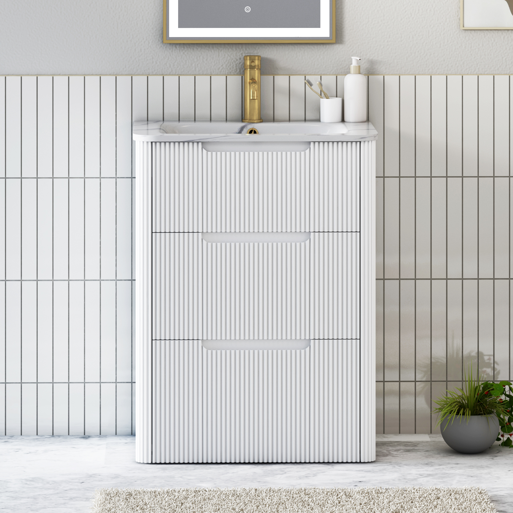 Avenza Fluted 600mm 3 Drawer Floor Standing Vanity Unit – Multiple Colours & Various Basins