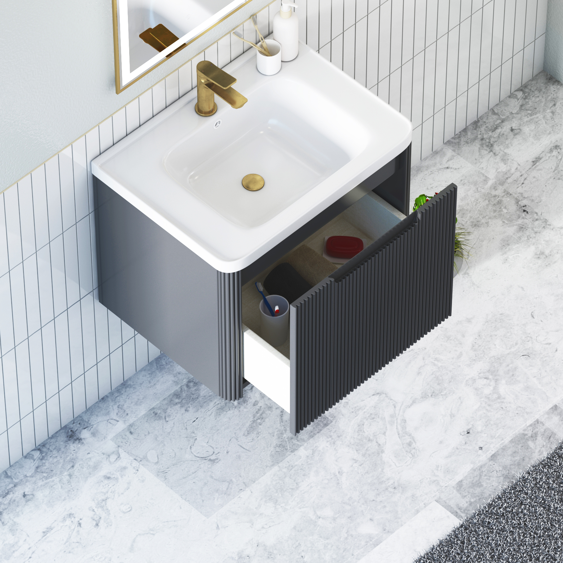 Avenza 600mm Wall Hung Vanity Sink Unit 1 Drawer with Ceramic Basin