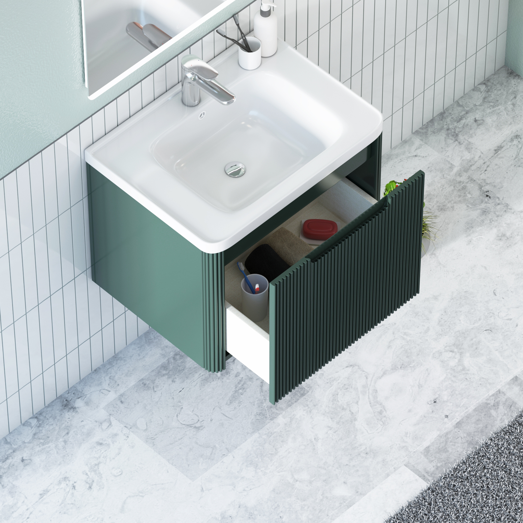 Avenza 600mm Deep Moss Green Wall Hung Vanity Unit 1 Drawer with Ceramic Basin