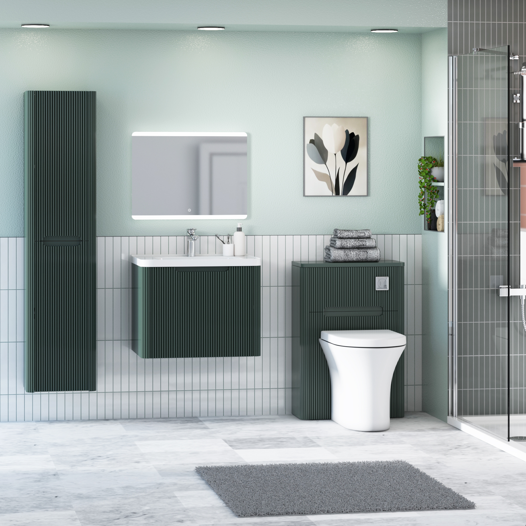 Avenza 600mm Deep Moss Green Wall Hung Vanity Unit 1 Drawer with Ceramic Basin