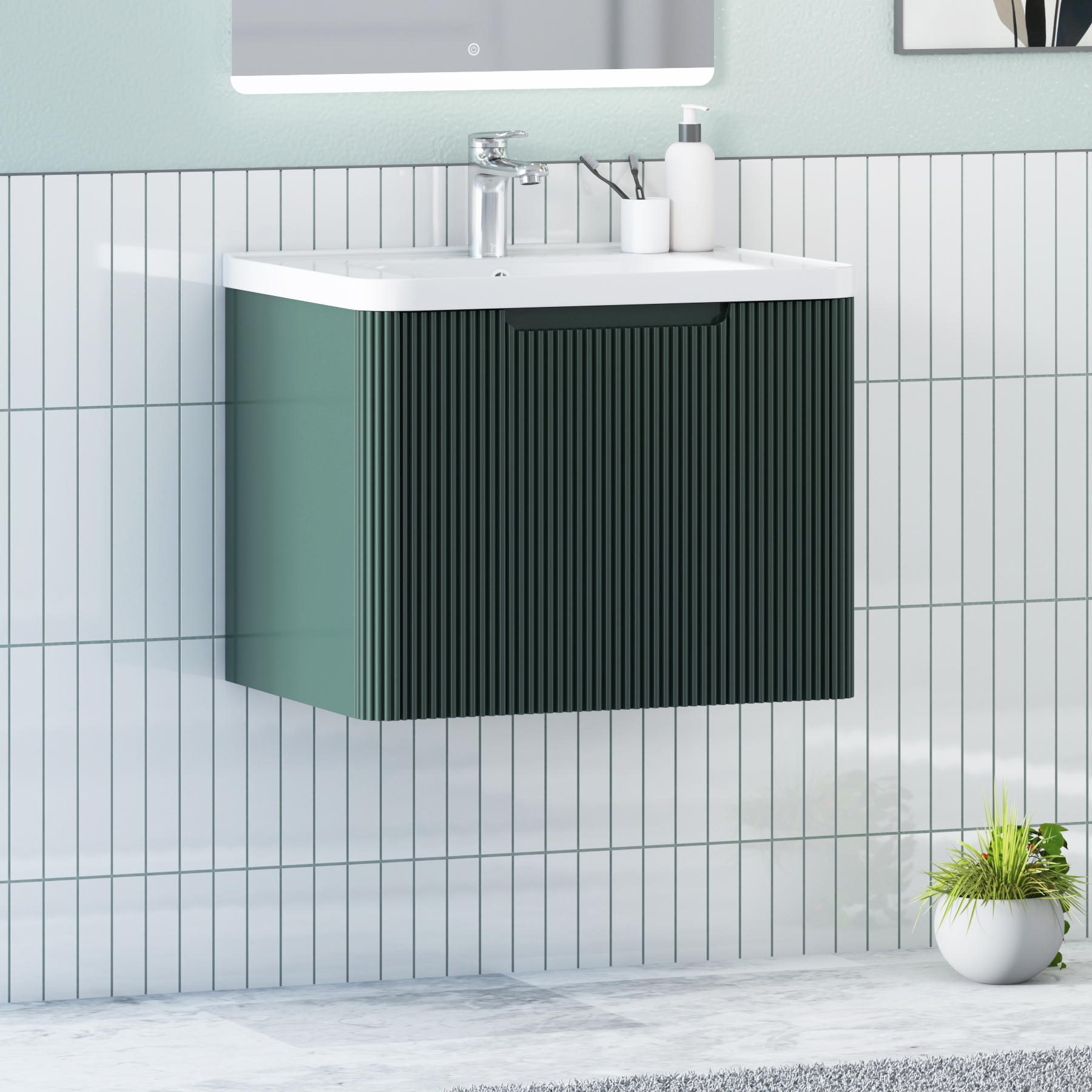 Avenza 600mm Deep Moss Green Wall Hung Vanity Unit 1 Drawer with Ceramic Basin