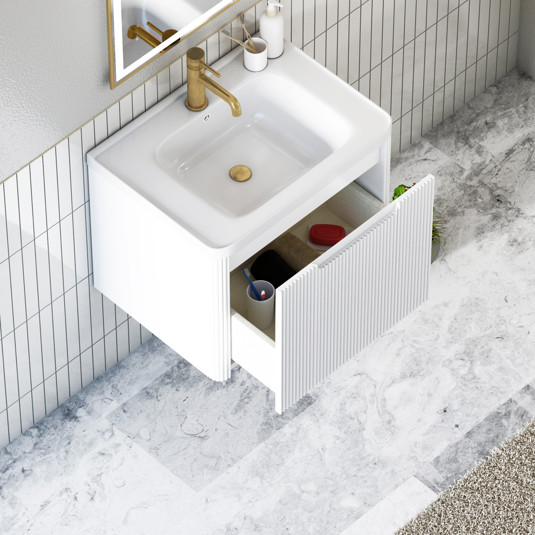 Avenza 600mm Matt White Wall Hung Bathroom Vanity Unit 1 Drawer with Ceramic Basin