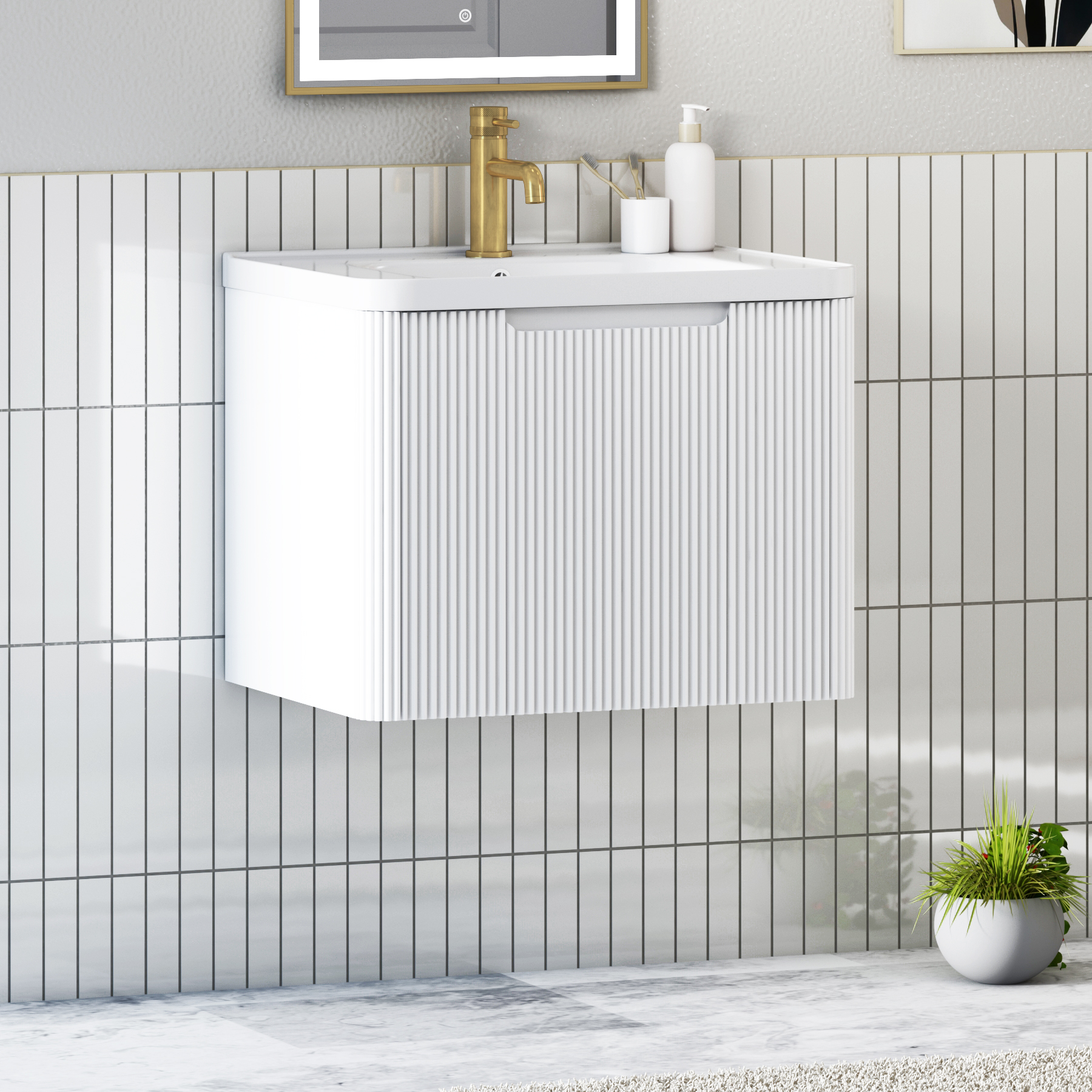 Avenza 600mm Matt White Wall Hung Bathroom Vanity Unit 1 Drawer with Ceramic Basin