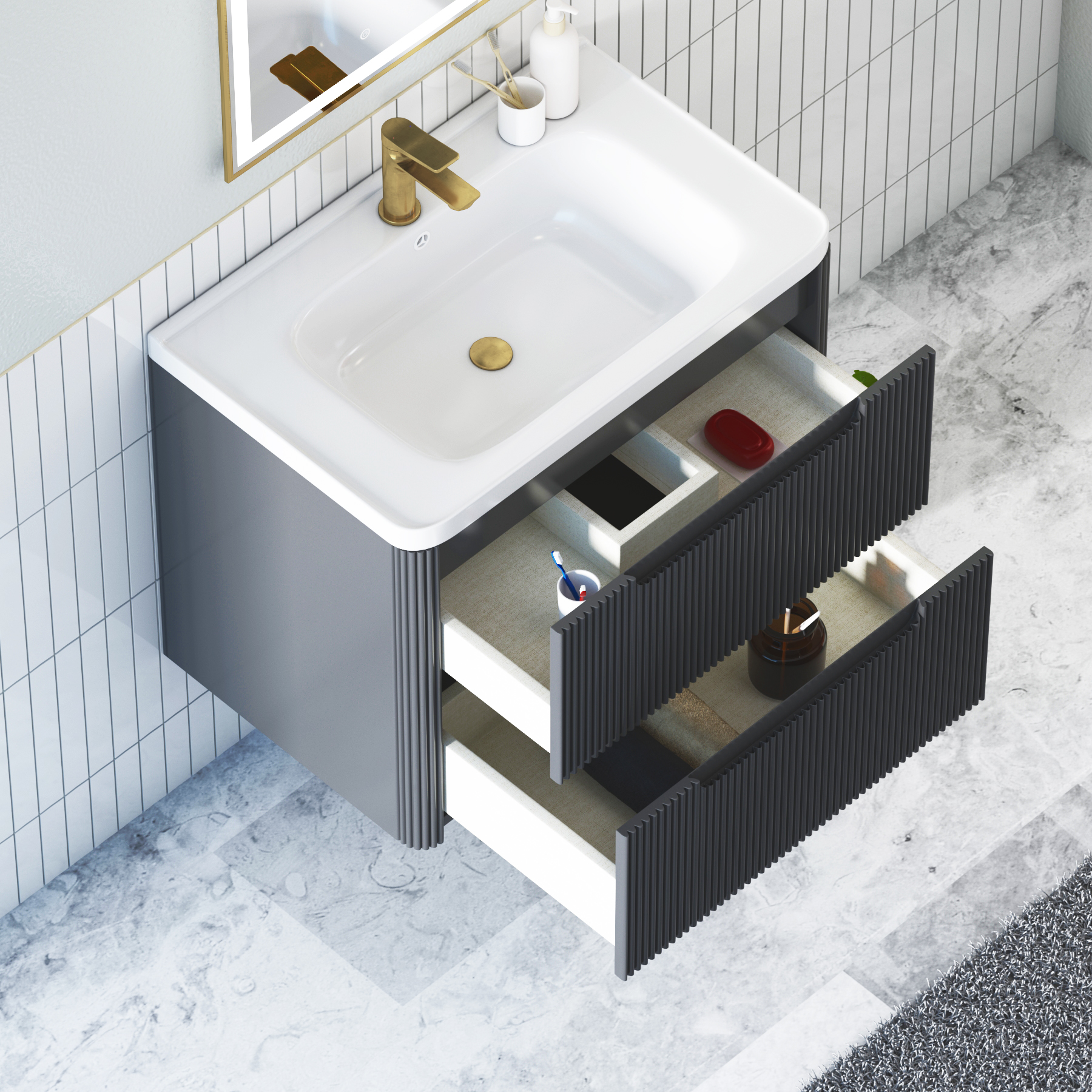 Avenza 600/700/800mm Matt Obsidian Black 2 Drawer Wall Hung Vanity Unit with Ceramic Basin