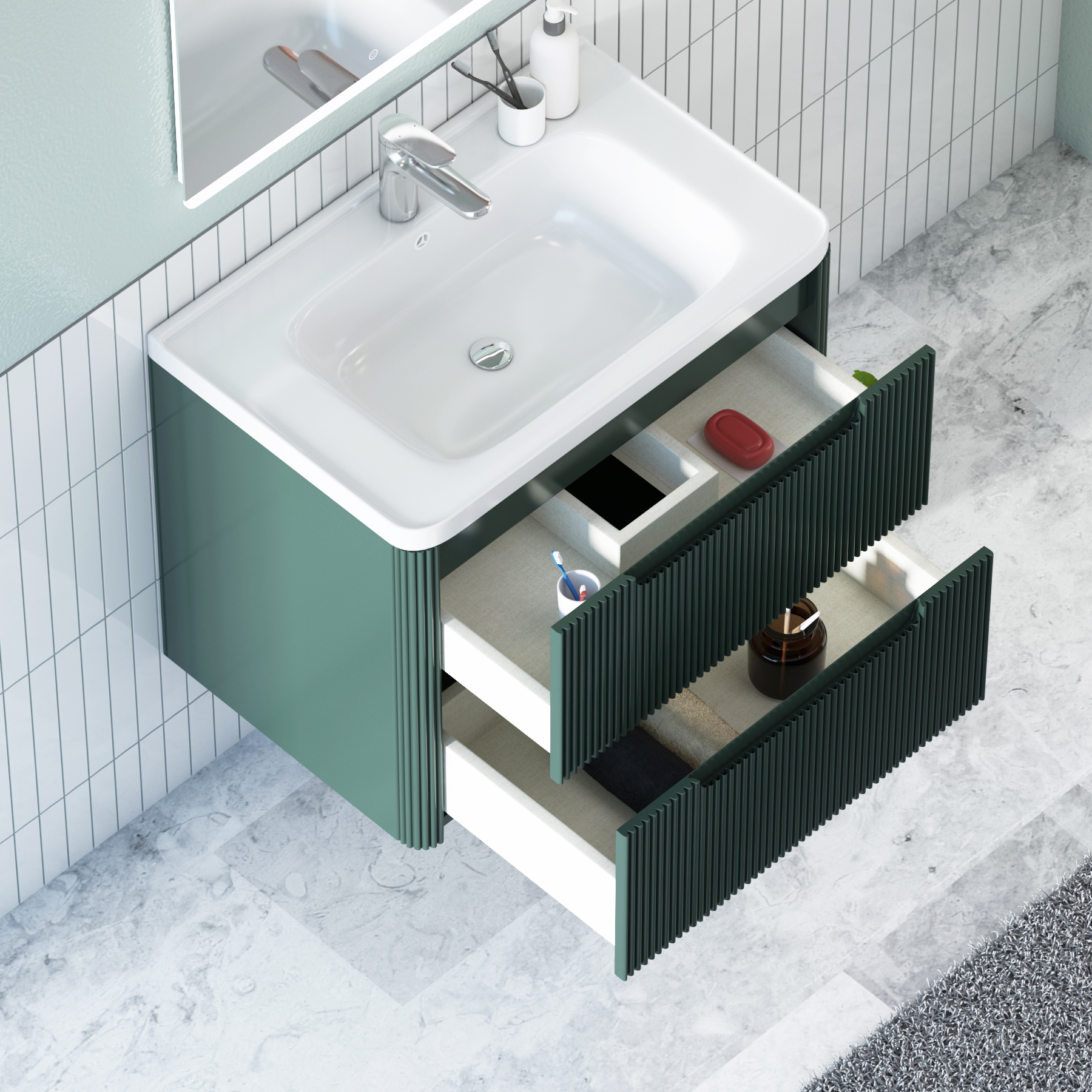 Avenza 600/700/800mm Deep Moss Green 2 Drawer Wall Hung Vanity Unit with Ceramic Basin