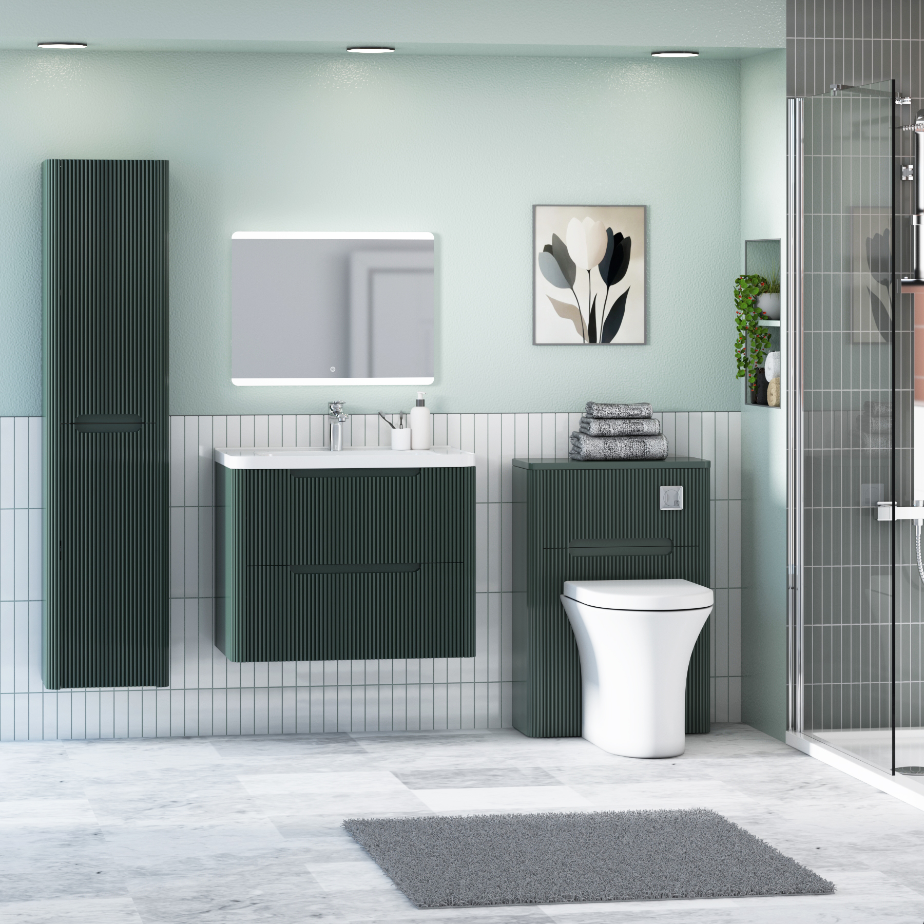 Avenza 600/700/800mm Deep Moss Green 2 Drawer Wall Hung Vanity Unit with Ceramic Basin