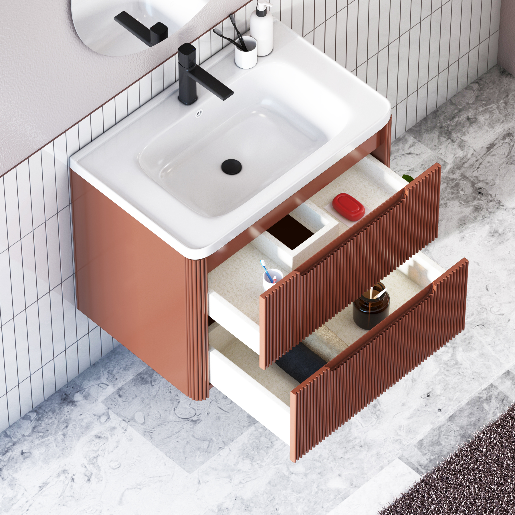 Avenza 600/700/800mm Terracotta Clay 2 Drawer Wall Hung Vanity Unit with Ceramic Basin