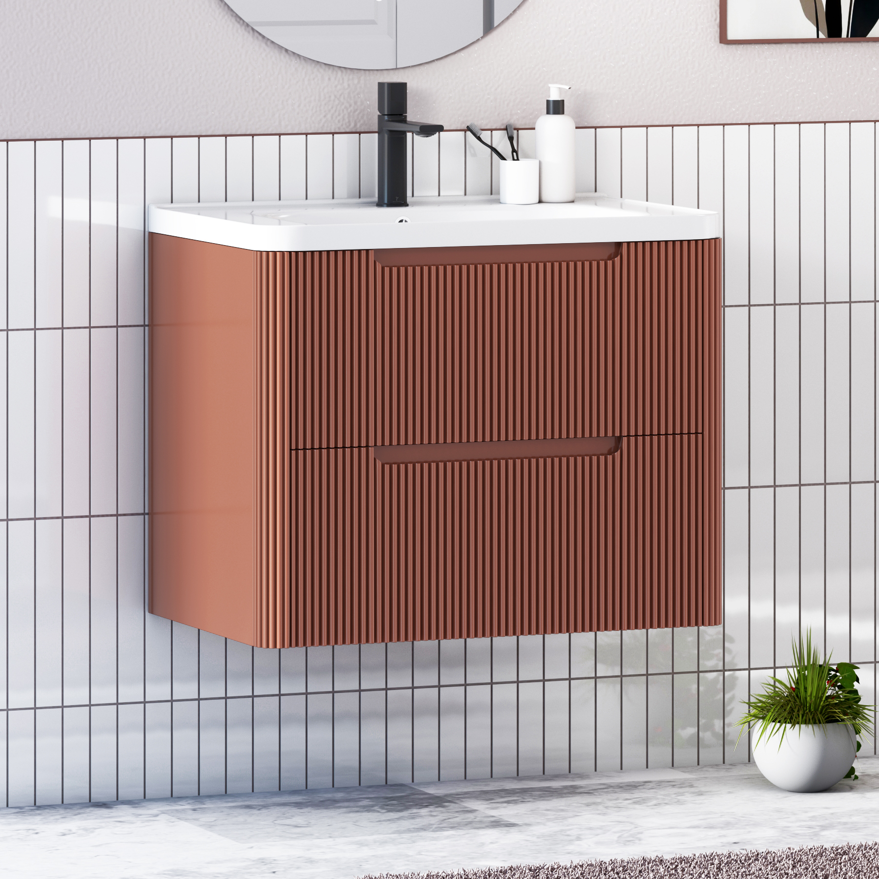 Avenza 600/700/800mm Terracotta Clay 2 Drawer Wall Hung Vanity Unit with Ceramic Basin