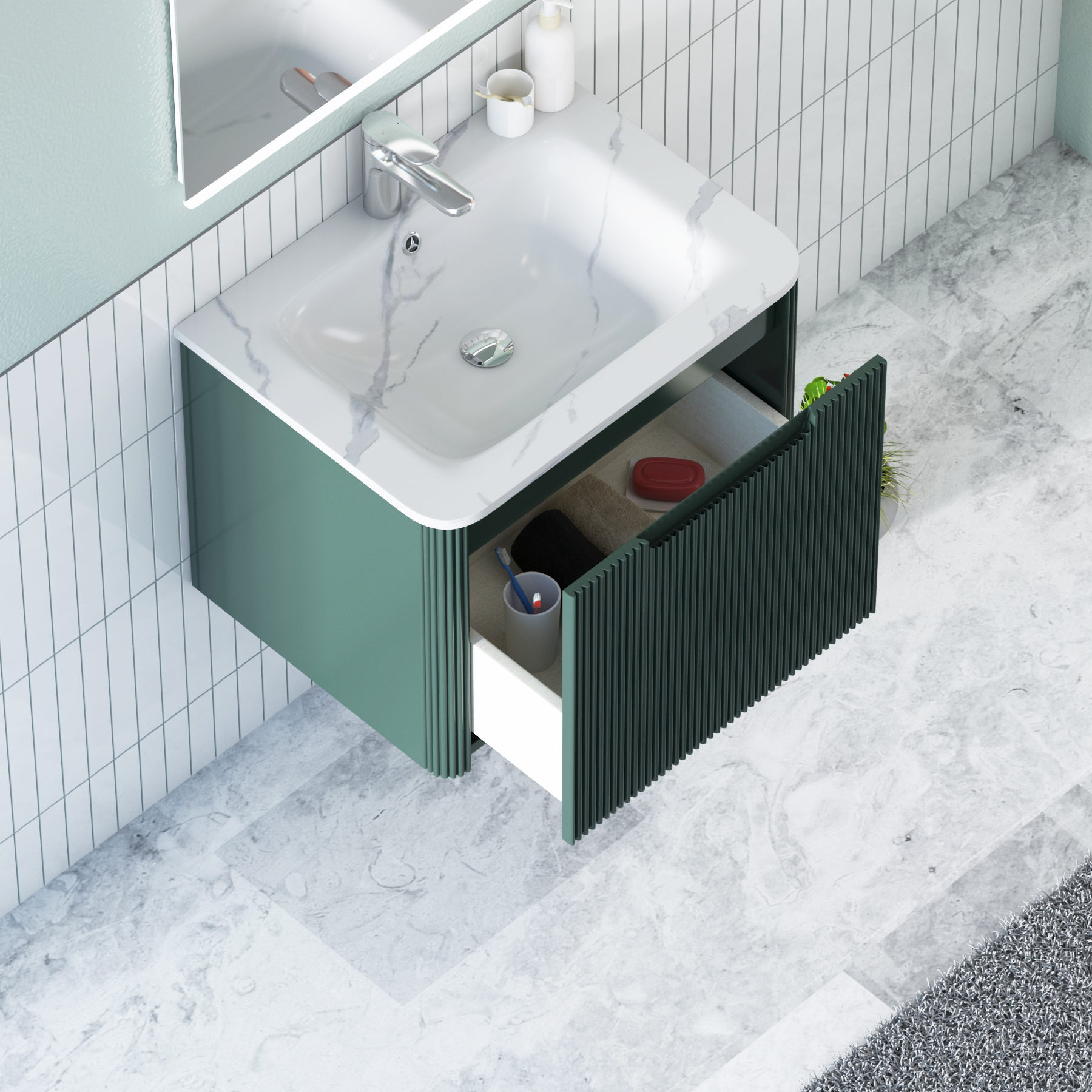 Avenza 600mm Deep Moss Green Wall Hung Vanity Unit 1 Drawer with Optional Basin