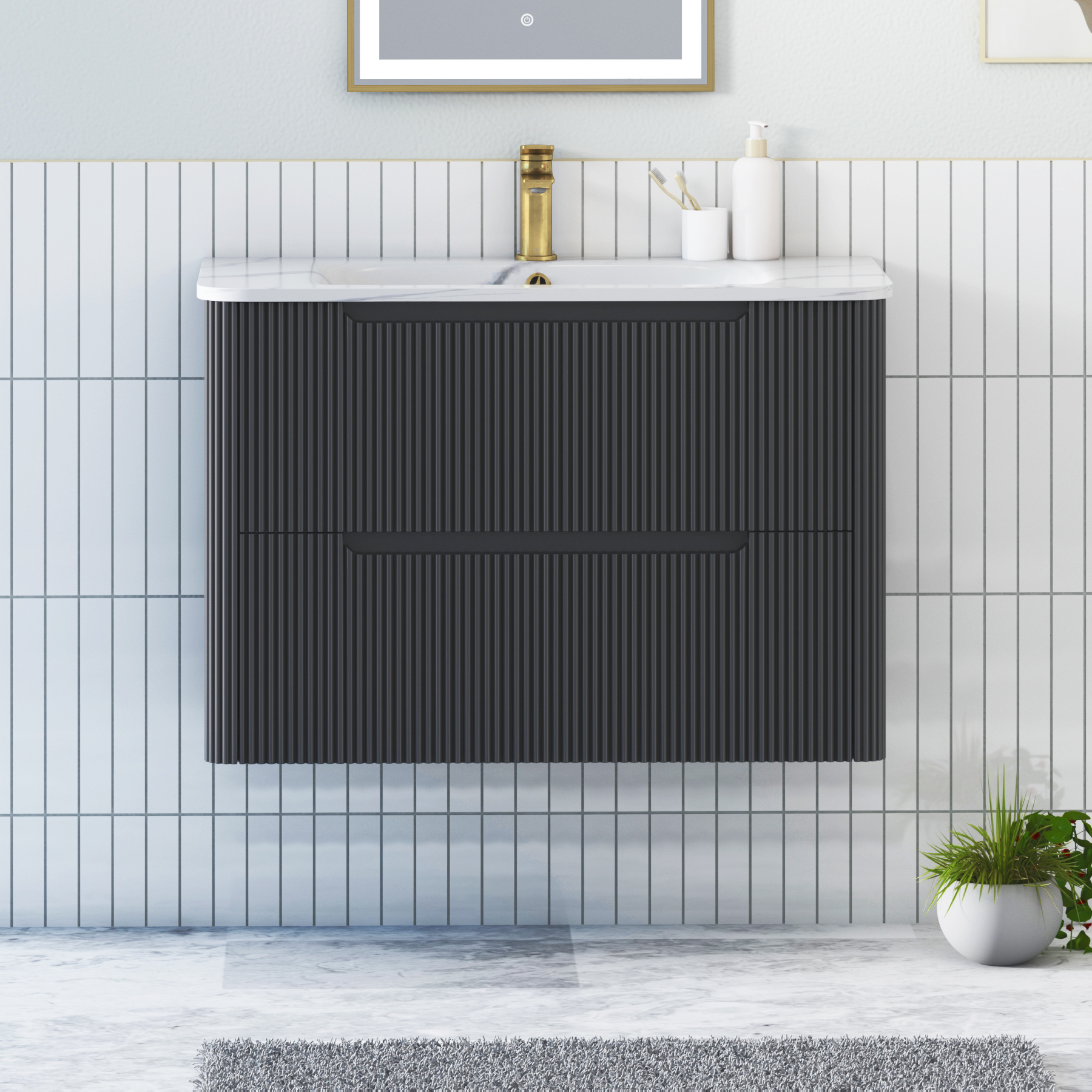 Avenza 600/700/800mm Matt Obsidian Black Wall Hung Vanity Unit 2 Drawer with Optional Basin