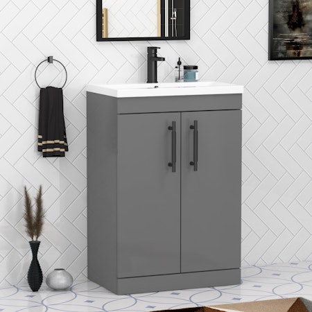 Cesar 600mm Floor Standing Vanity Sink Unit Indigo Grey Gloss 2 Door - Minimalist with Matt Black Handle