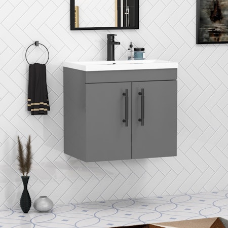 Cesar 600mm Wall Hung Vanity Sink Unit 2 Door Indigo Grey Gloss - Minimalist Basin with Matt Black Handle