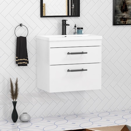 Cesar 800mm Gloss White Wall Hung Vanity Unit 2 Drawer with Minimalist & Black Handle