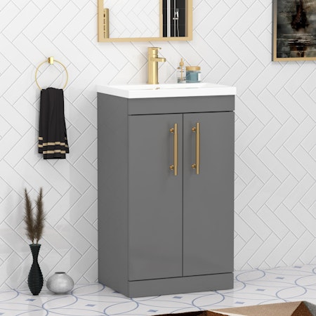 Cesar 500mm Floor Standing Vanity Sink Unit Indigo Grey Gloss 2 Door - Mid-Edge with Brushed Brass Handle