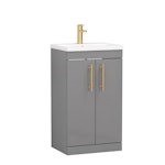 Cesar 500mm Floor Standing Vanity Sink Unit Indigo Grey Gloss 2 Door - Mid-Edge with Brushed Brass Handle