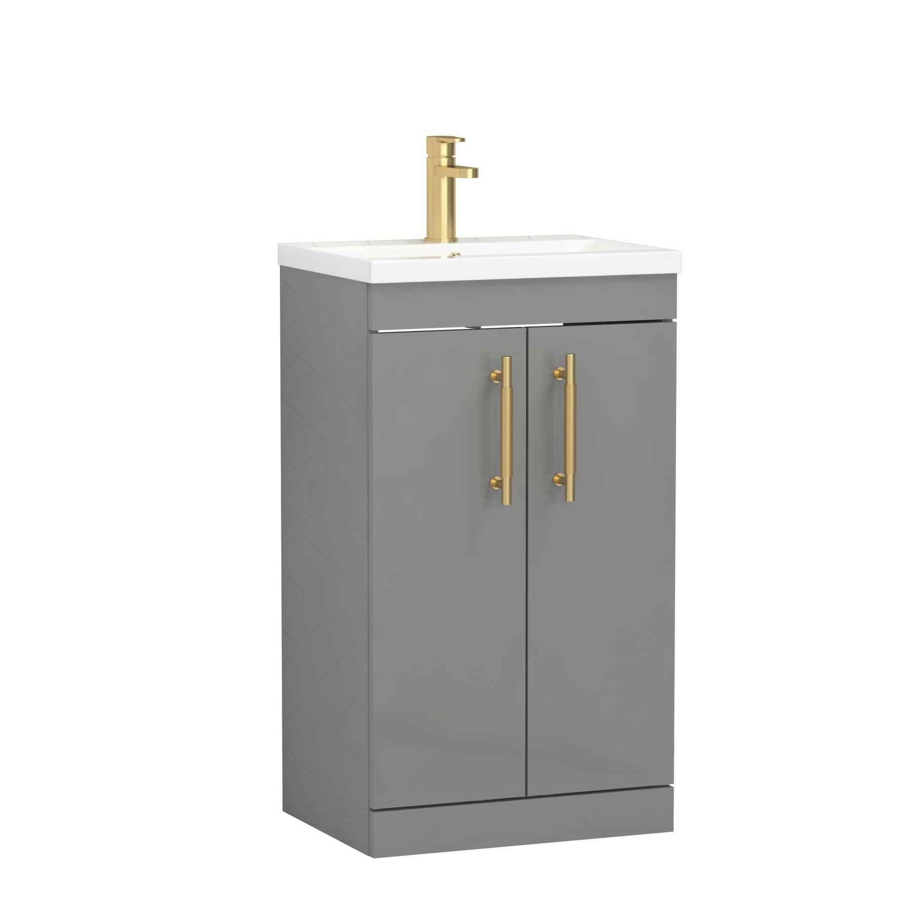 Cesar 500mm Floor Standing Vanity Sink Unit Indigo Grey Gloss 2 Door - Minimalist with Brushed Brass Handle