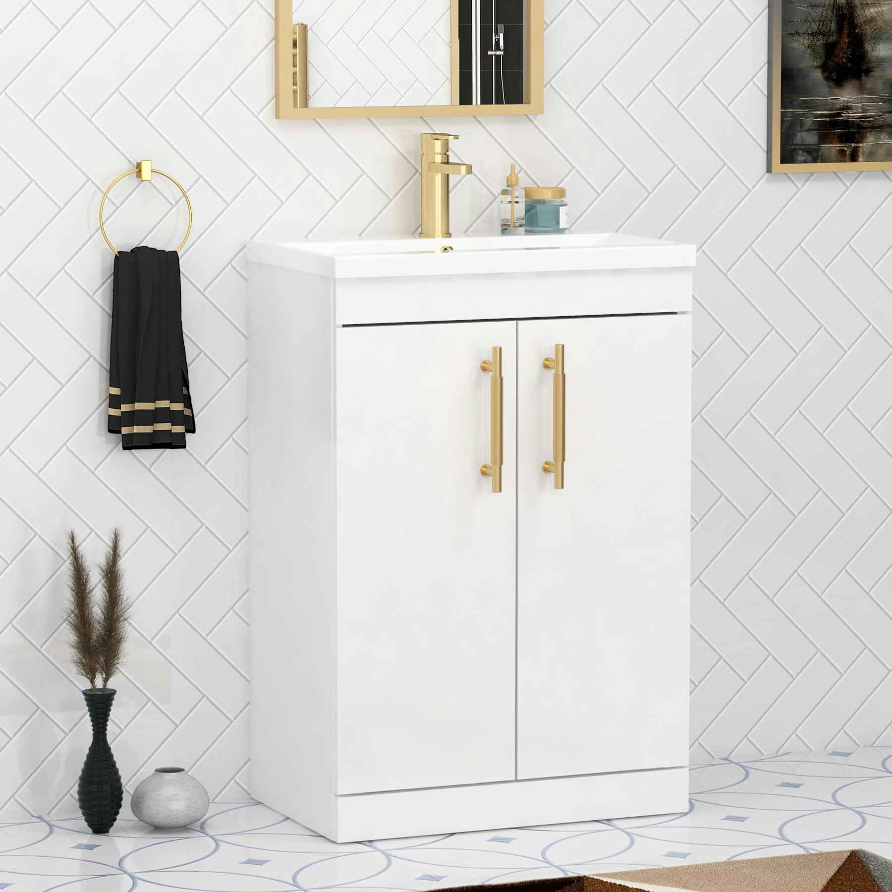 Cesar 600mm Floor Standing Vanity Sink Unit Gloss White 2 Door - Mid-Edge with Brushed Brass Handle