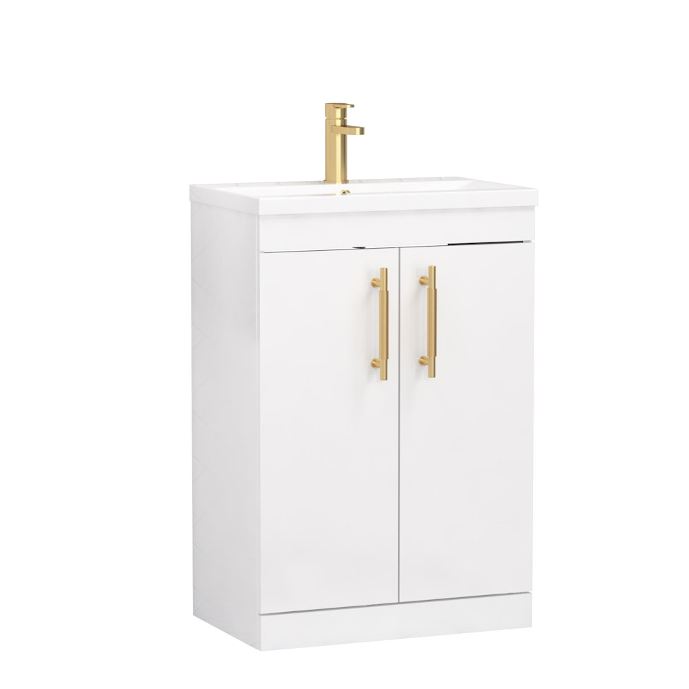 Cesar 600mm Floor Standing Vanity Sink Unit Gloss White 2 Door - Mid-Edge with Brushed Brass Handle