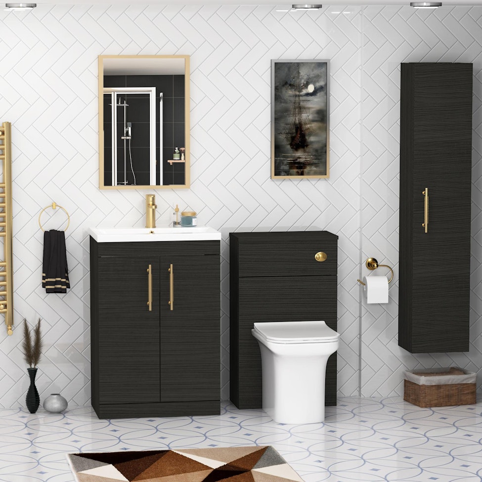 Cesar 600mm Floor Standing Vanity Sink Unit Hale Black 2 Door - Mid-Edge with Brushed Brass Handle